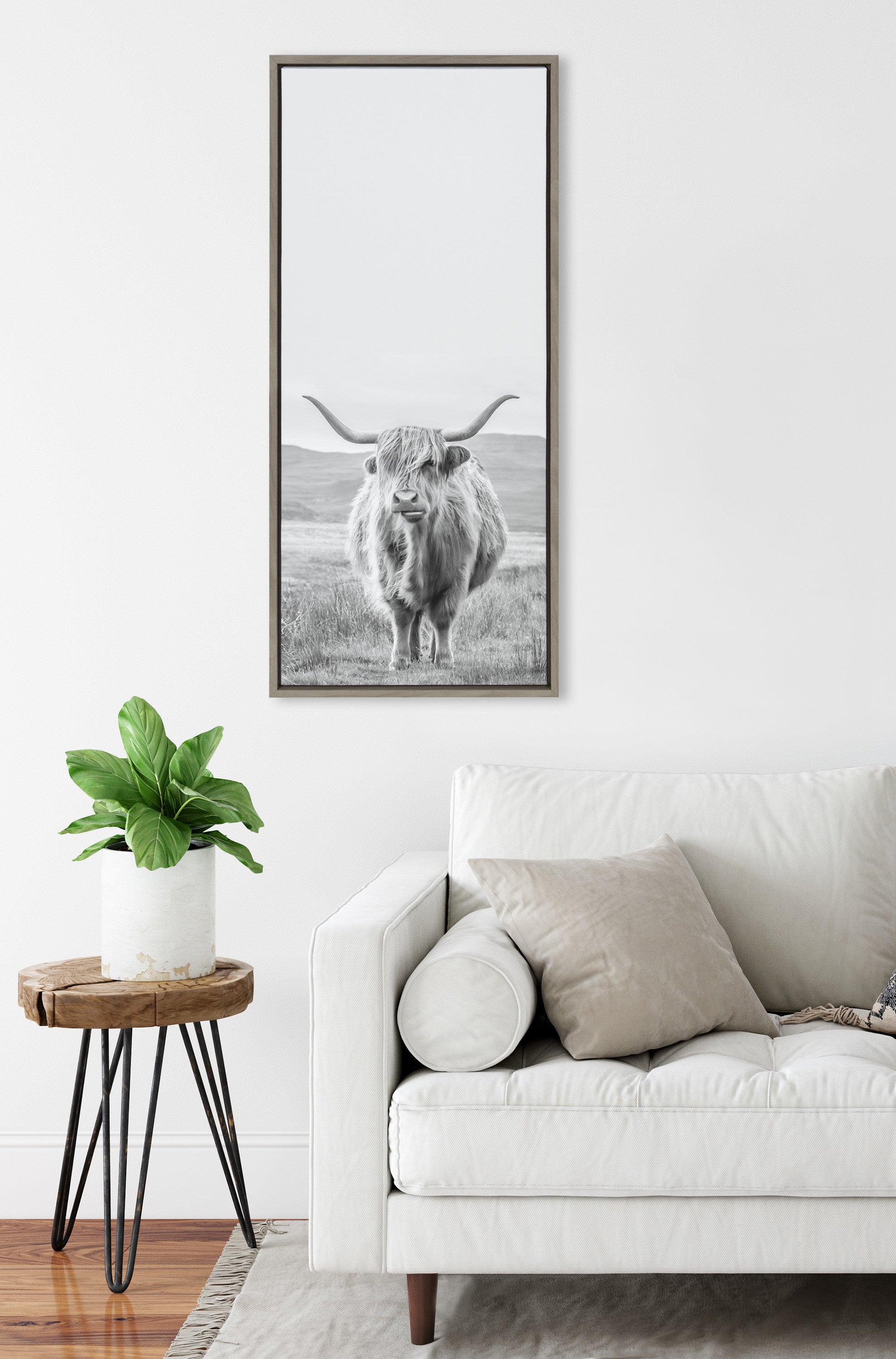 Sylvie Highland Cow Mountain Landscape Black and White Framed Canvas by The Creative Bunch Studio