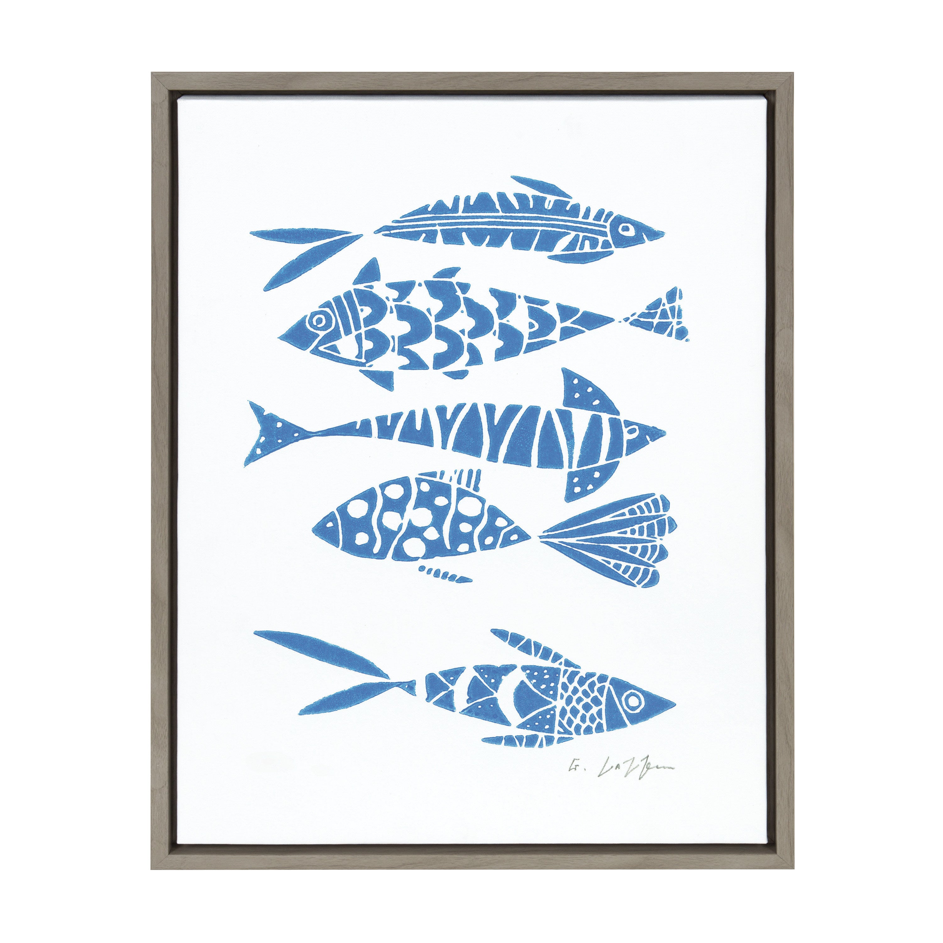 Kate and Laurel Sylvie Blue Fish Linocut Print Framed Canvas Wall