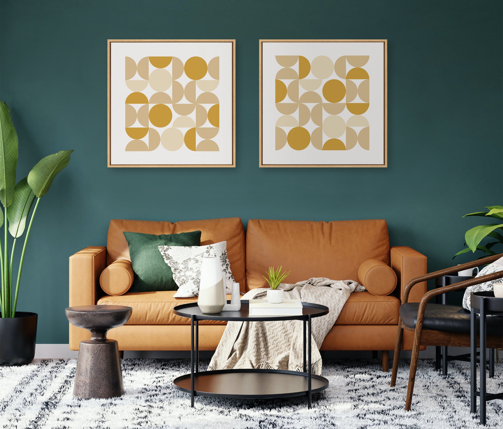Sylvie Circles and Curves Earthy Neutral Framed Canvas by The Creative Bunch Studio