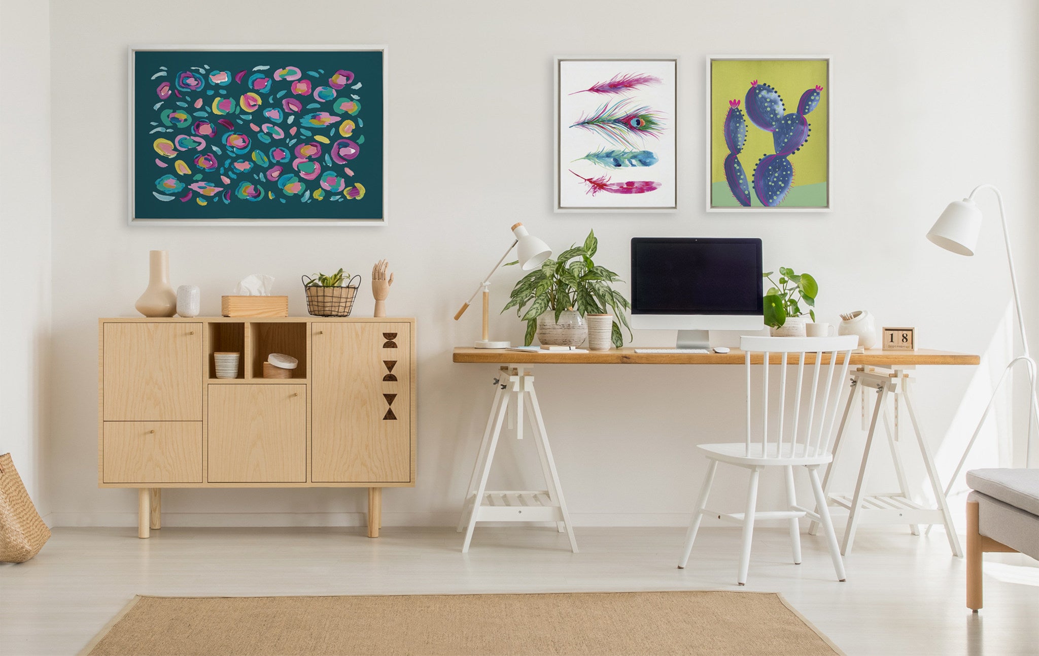 Sylvie Leopard 3, Feather Four and 800 Folk Cactus v2 Framed Canvas by Jessi Raulet of Ettavee