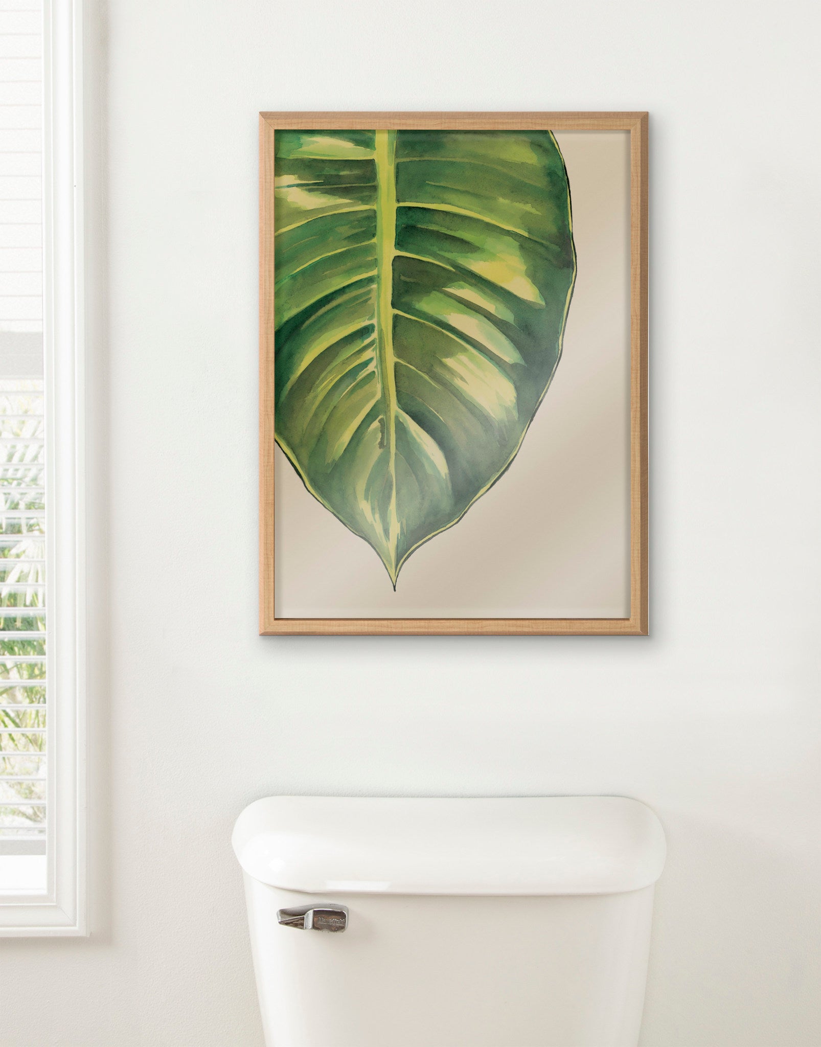 Blake Large Leaf Greener Hue Neutral Framed Printed Glass by Emily Marie Watercolors