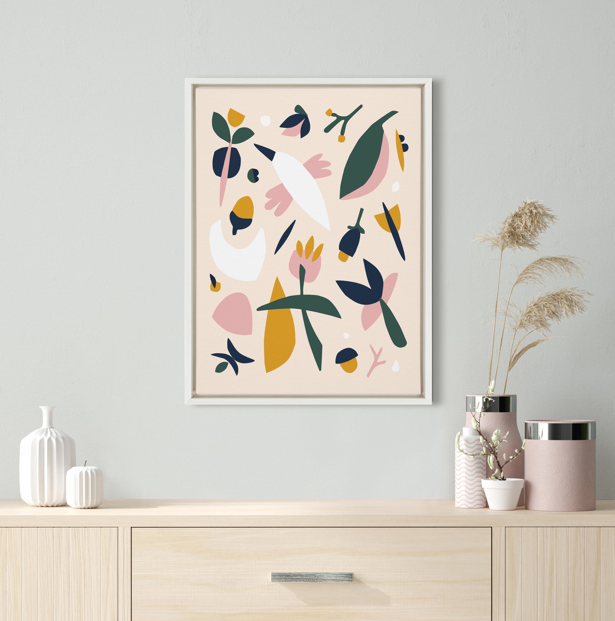 Sylvie Blush Acorn Twigs Framed Canvas by Myriam Van Neste