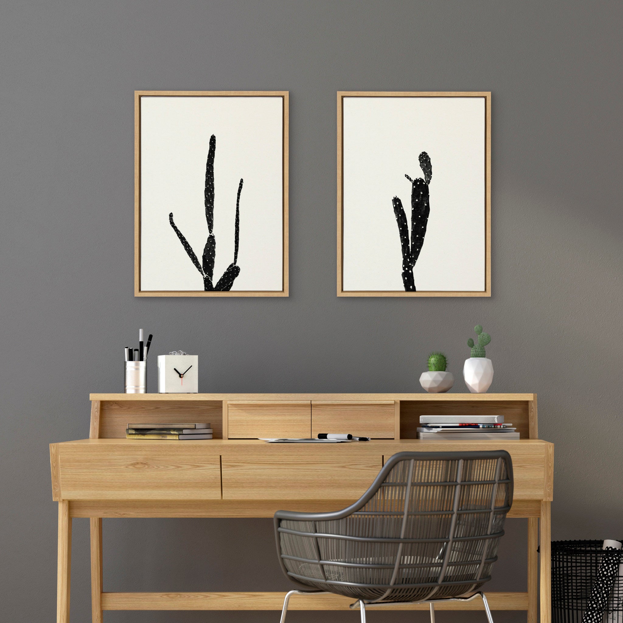 Sylvie Black and White Vintage Film Grain Cactus 1 and 2 Framed Canvas by Stephanie Klatt