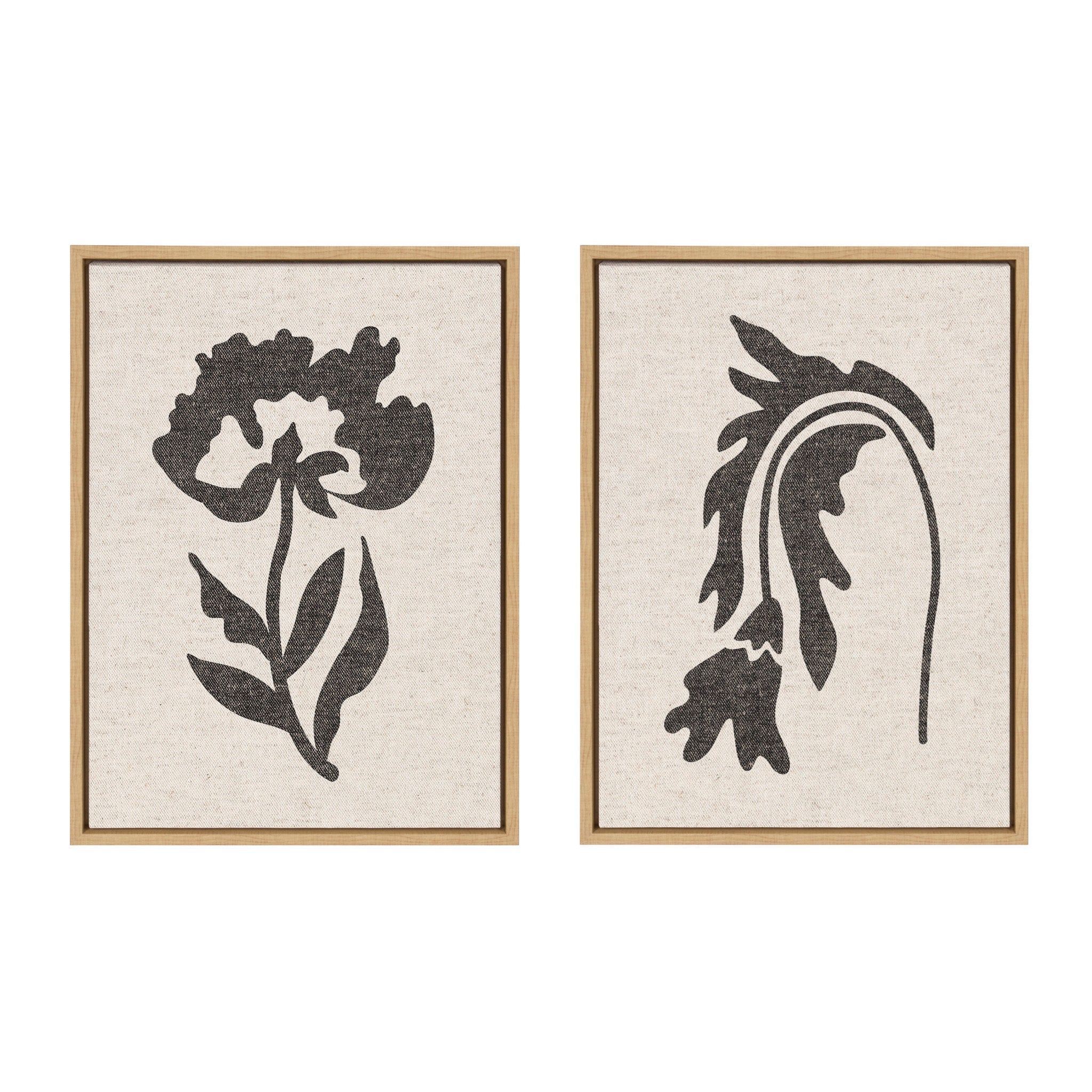 Sylvie Scandi Botanical 2 and 3 Neutral Textured Linen Framed Canvas Art Set by The Creative Bunch Studio