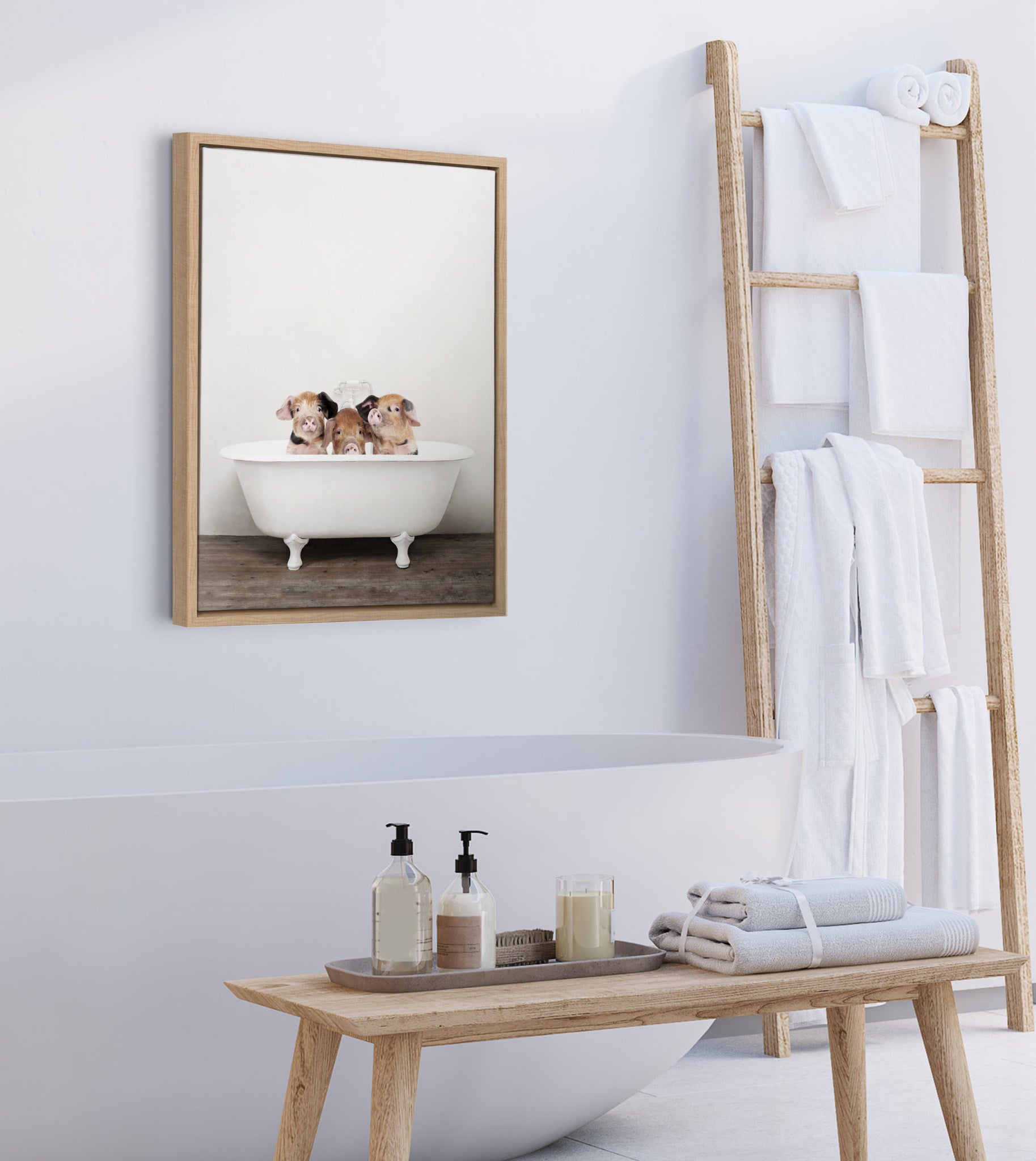 Sylvie Three Little Pigs In Vintage Bathtub Framed Canvas by Amy Peterson Art Studio