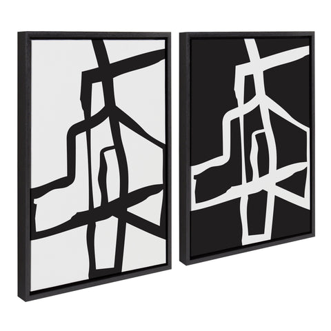 Sylvie Bold Sophisticated Abstract Black and White Stroke Framed Canvas Art Set by The Creative Bunch Studio
