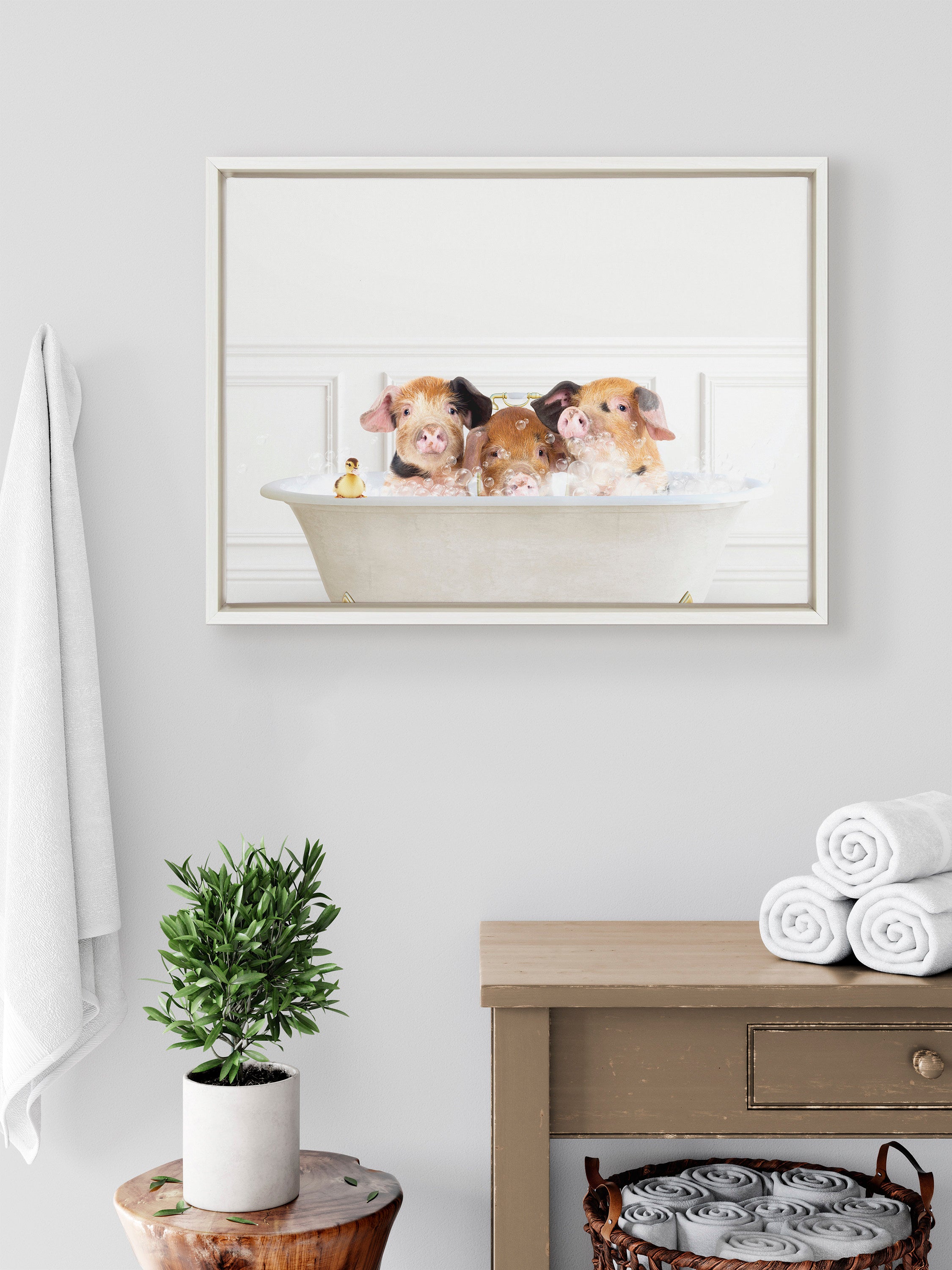 Sylvie Three Pigs In Bubble Bath Neutral Style Framed Canvas by Amy Peterson Art Studio