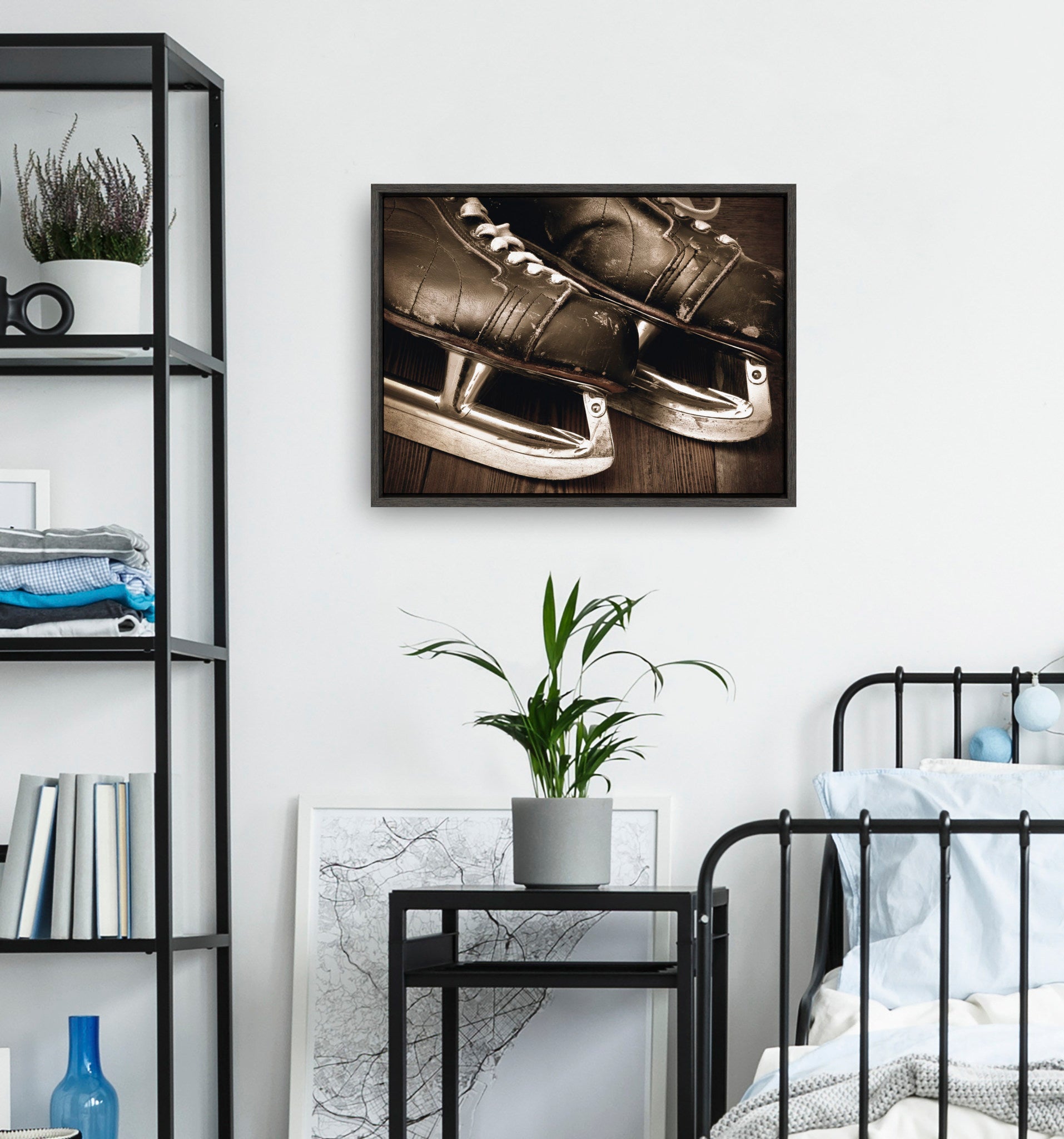 Sylvie Leather Hockey Skates Framed Canvas By Shawn St. Peter