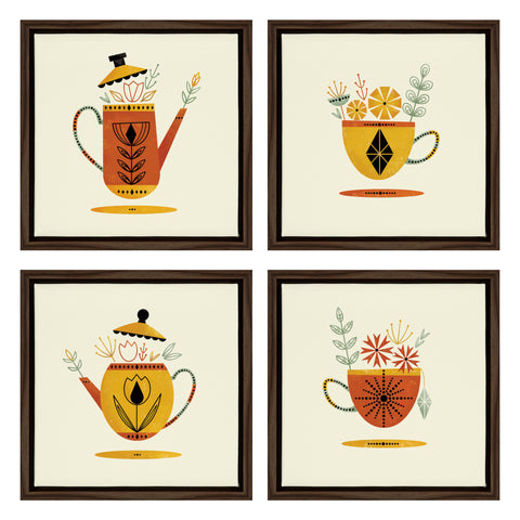 Sylvie Mid-Century Modern Tea Set Framed Canvas by Amber Leaders Designs