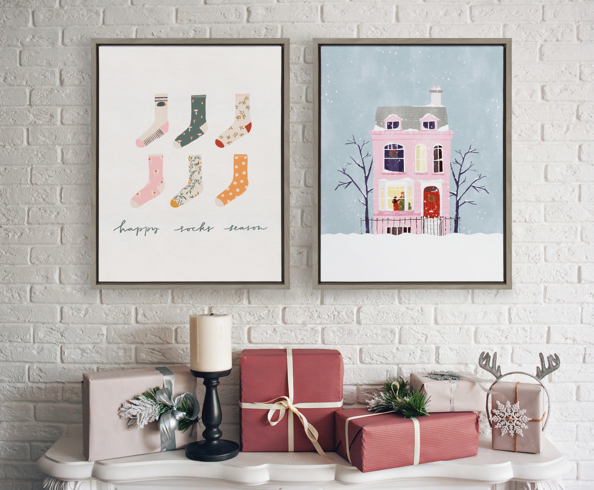 Sylvie Christmas Pink House Framed Canvas by Maja Tomljanovic