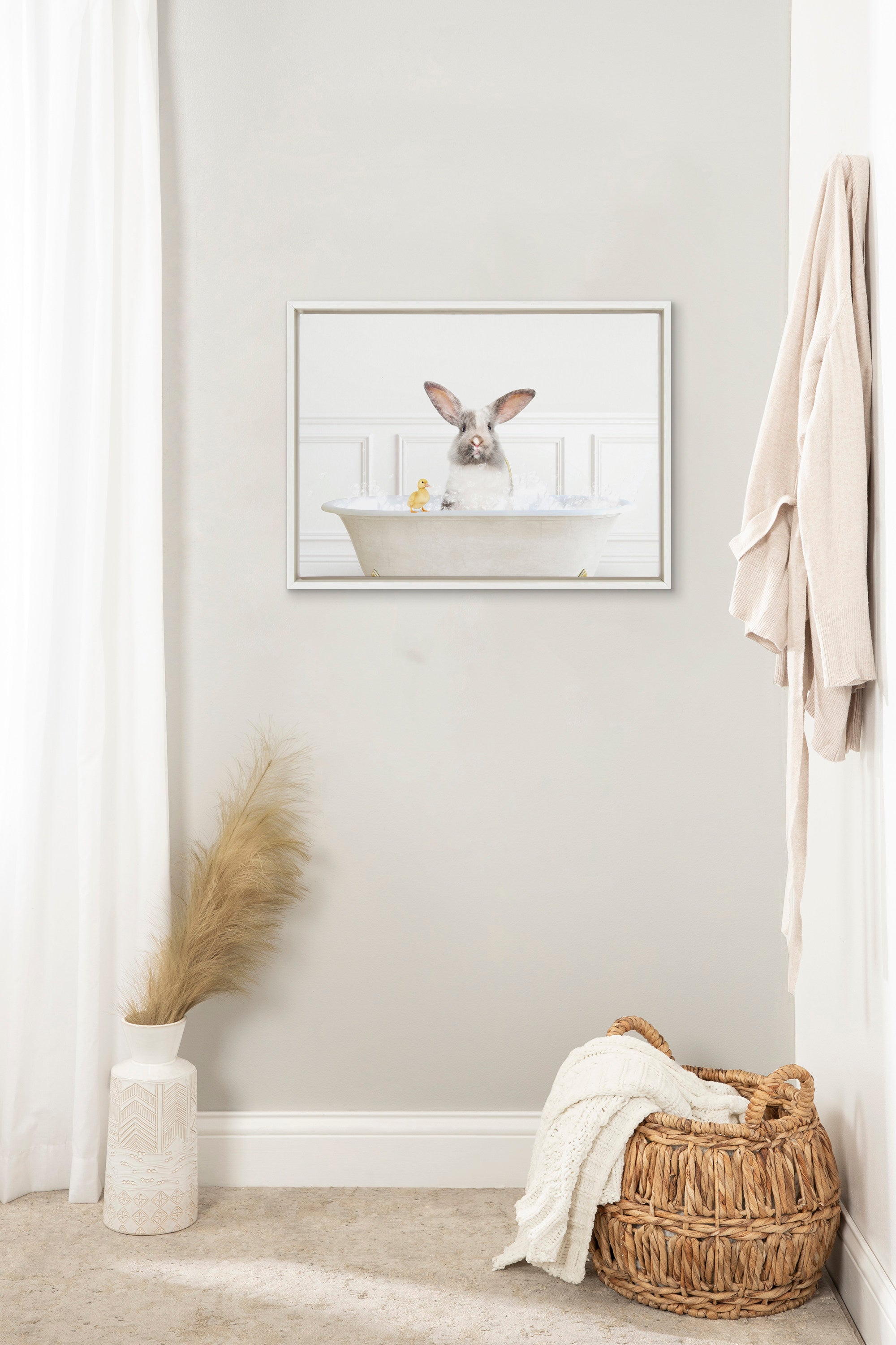 Sylvie Bunny In Bubble Bath Neutral Style Framed Canvas by Amy Peterson Art Studio