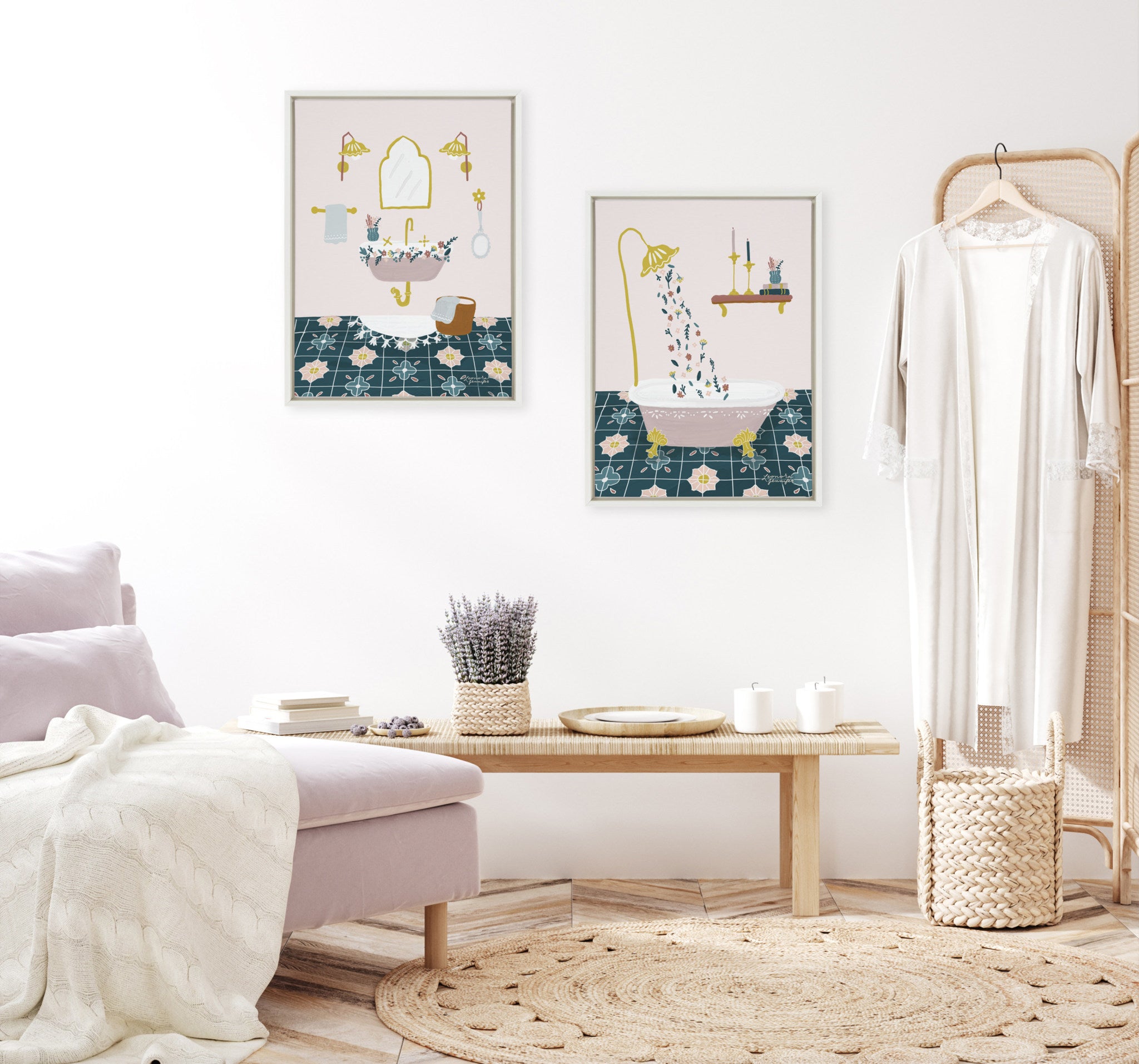 Sylvie Floral Sink and Floral Bath Framed Canvas Art Set by Leonora Jennifer Benza of Yellow Heart Art