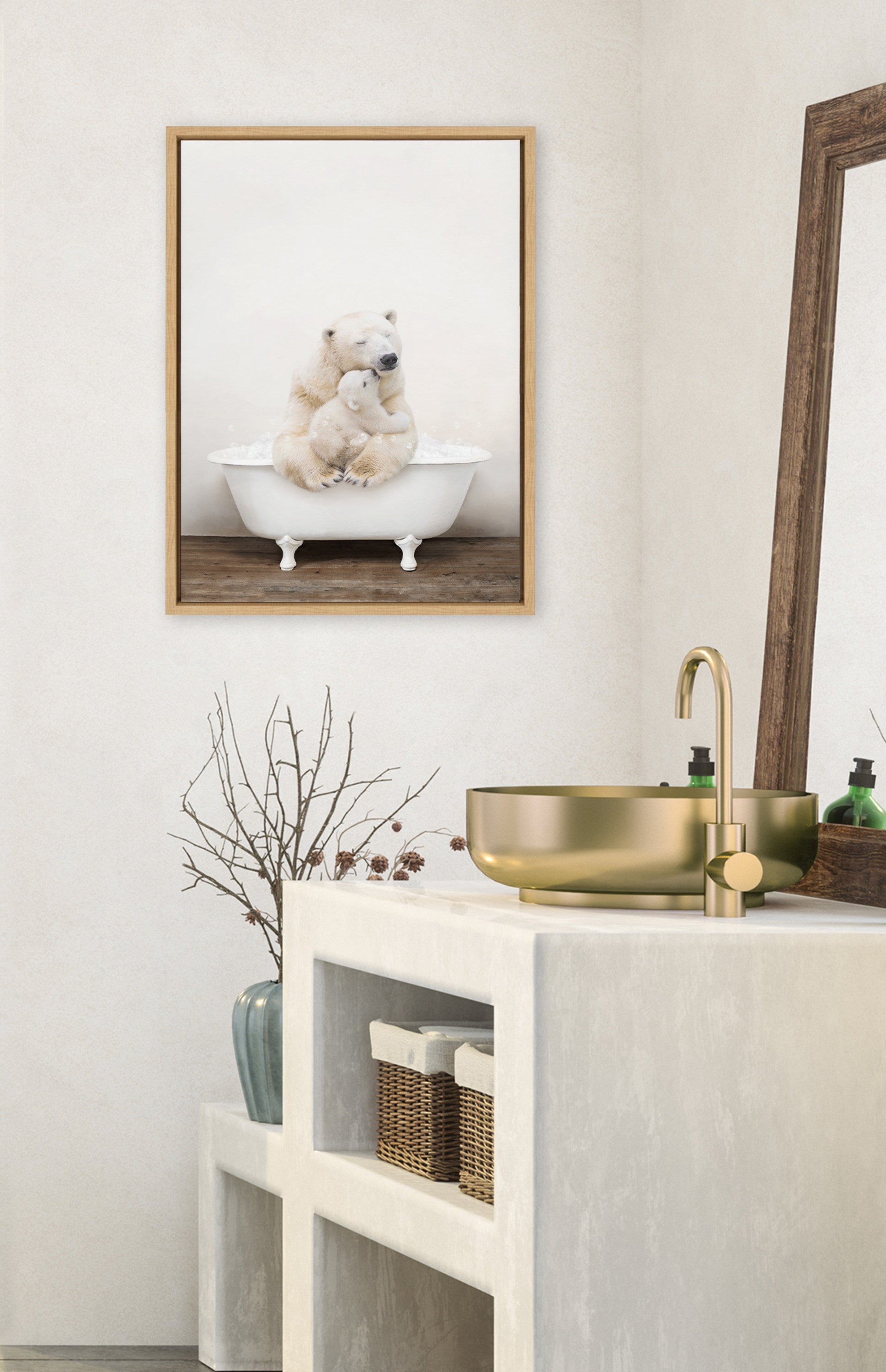 Sylvie Mother and Baby Polar Bear in Rustic Bath Framed Canvas by Amy Peterson Art Studio