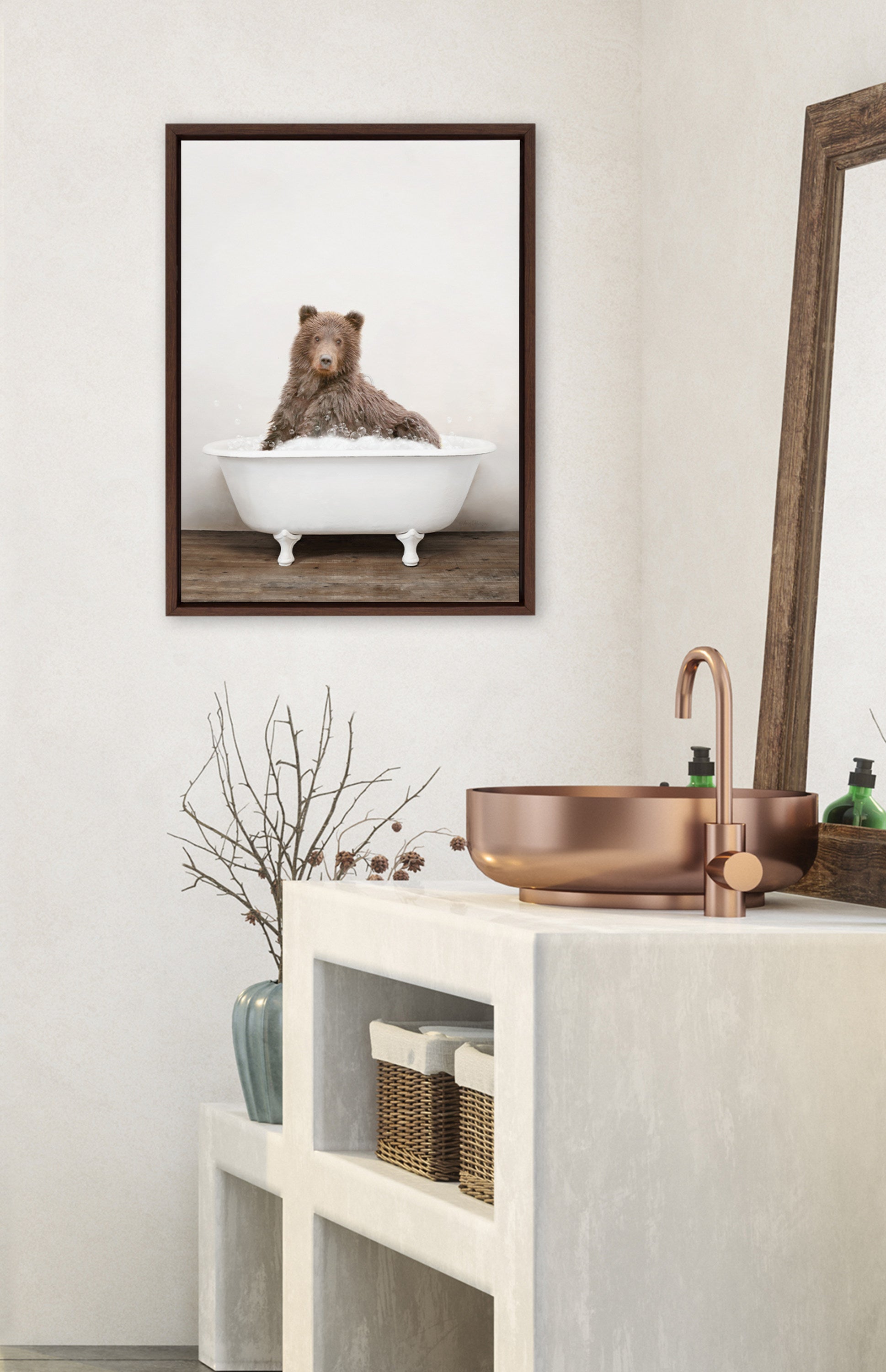 Sylvie Bear Rustic Bubble Bath Framed Canvas by Amy Peterson Art Studio