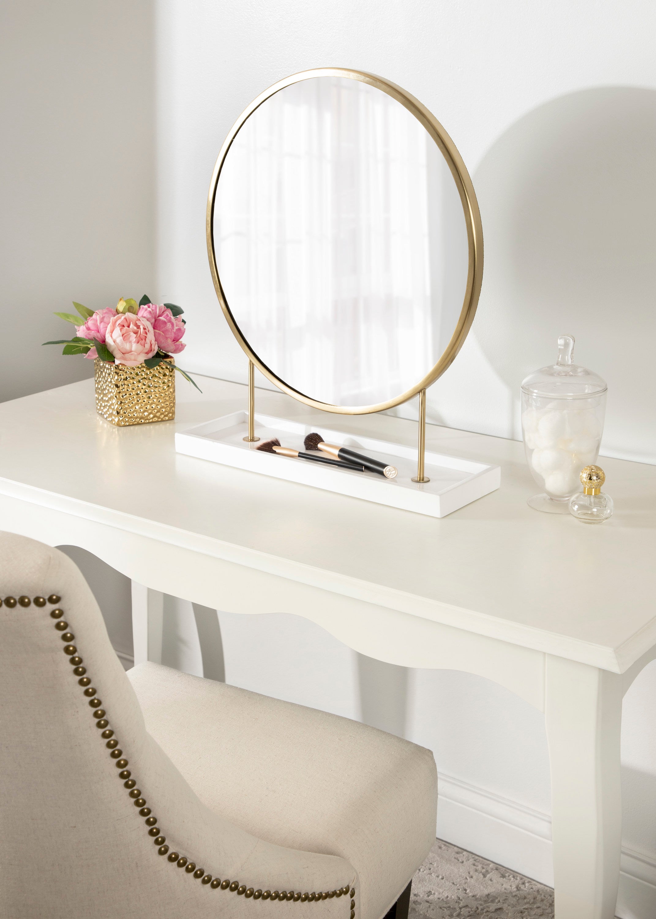 Kate and Laurel Maxfield Modern Tabletop Mirror 18 x 22 Gold and White Decorative Accent Mirror with Iron Base kateandlaurel