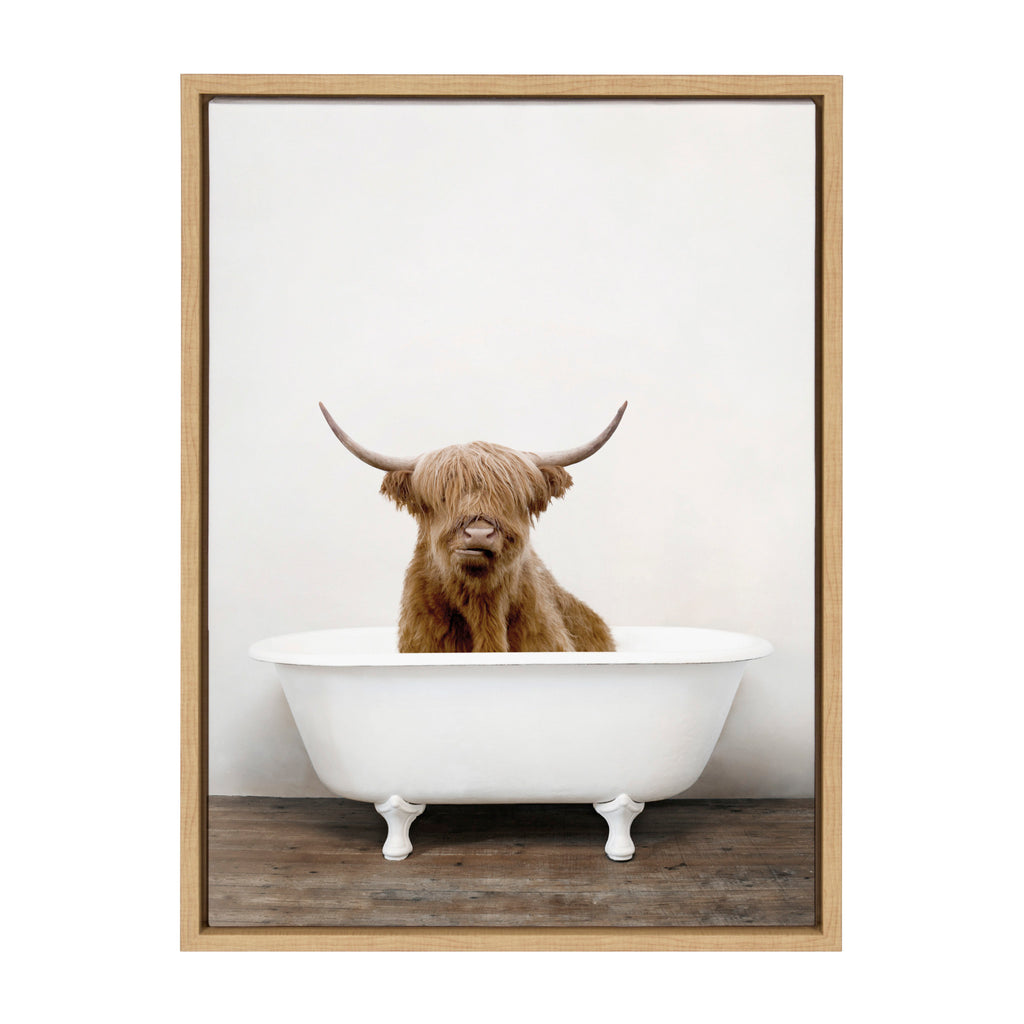 Kate and Laurel Sylvie Highland Cow in Tub Color Framed Canvas Wall Art by  Amy Peterson, 18x24 Natural, Chic Animal Art for Wall – kateandlaurel