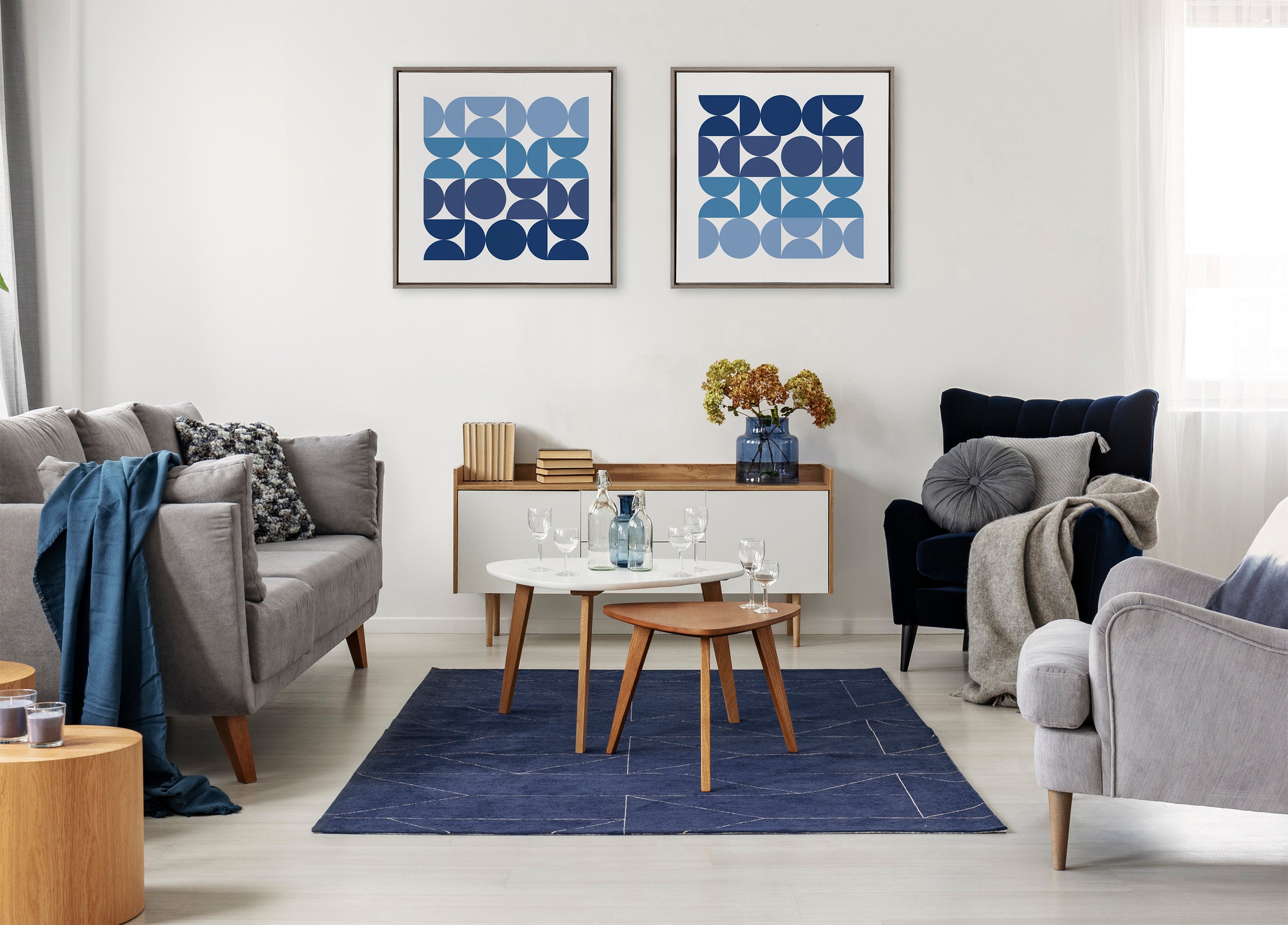 Sylvie Circles and Curves Ocean Beach Blues Framed Canvas by The Creative Bunch Studio