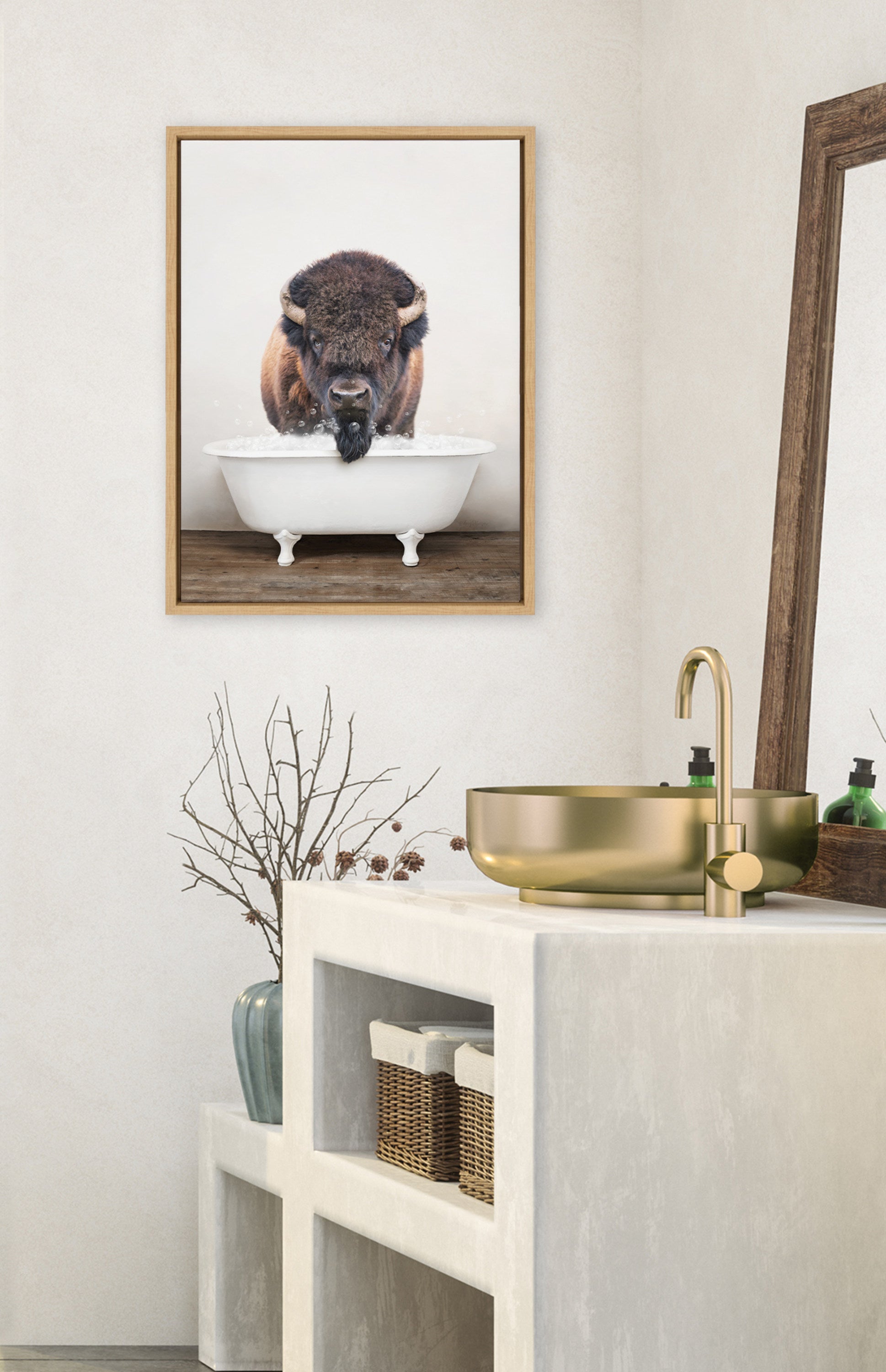 Sylvie Bison Rustic Bubble Bath Framed Canvas by Amy Peterson Art Studio