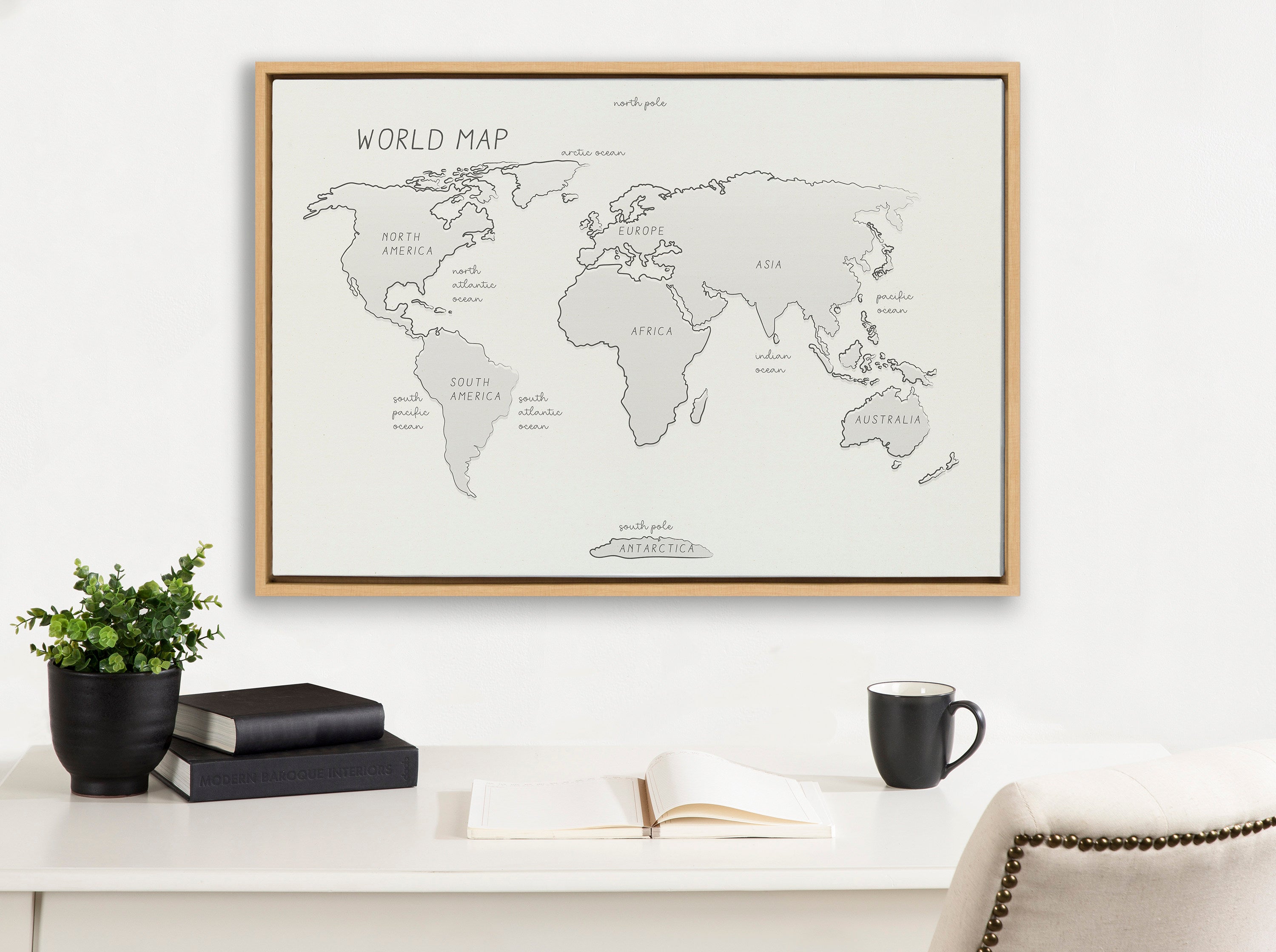 Sylvie World Map Sketch Framed Canvas by Teju Reval of SnazzyHues