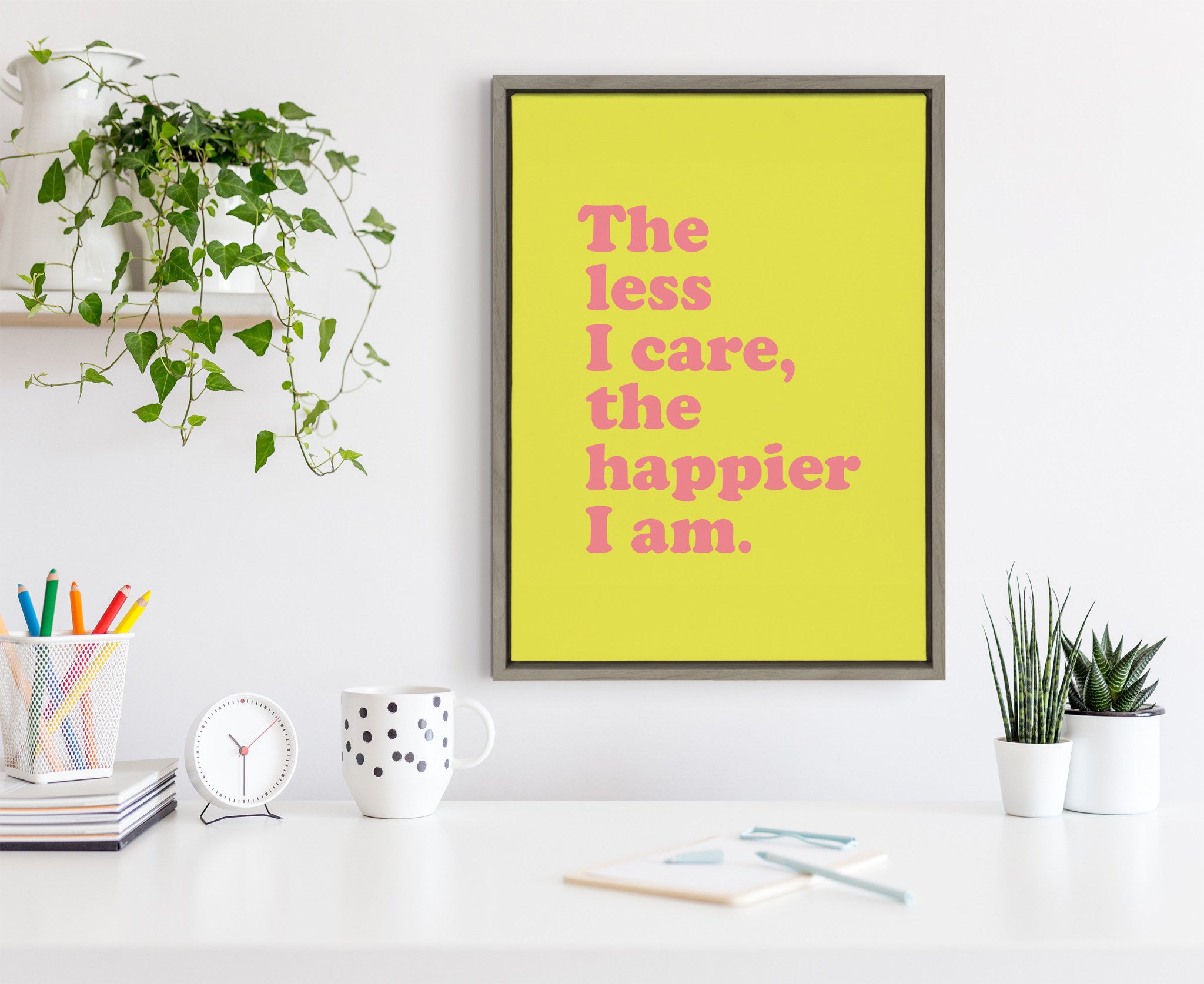 Sylvie Less I Care Happier I am in Yellow and Pink Framed Canvas by Apricot and Birch