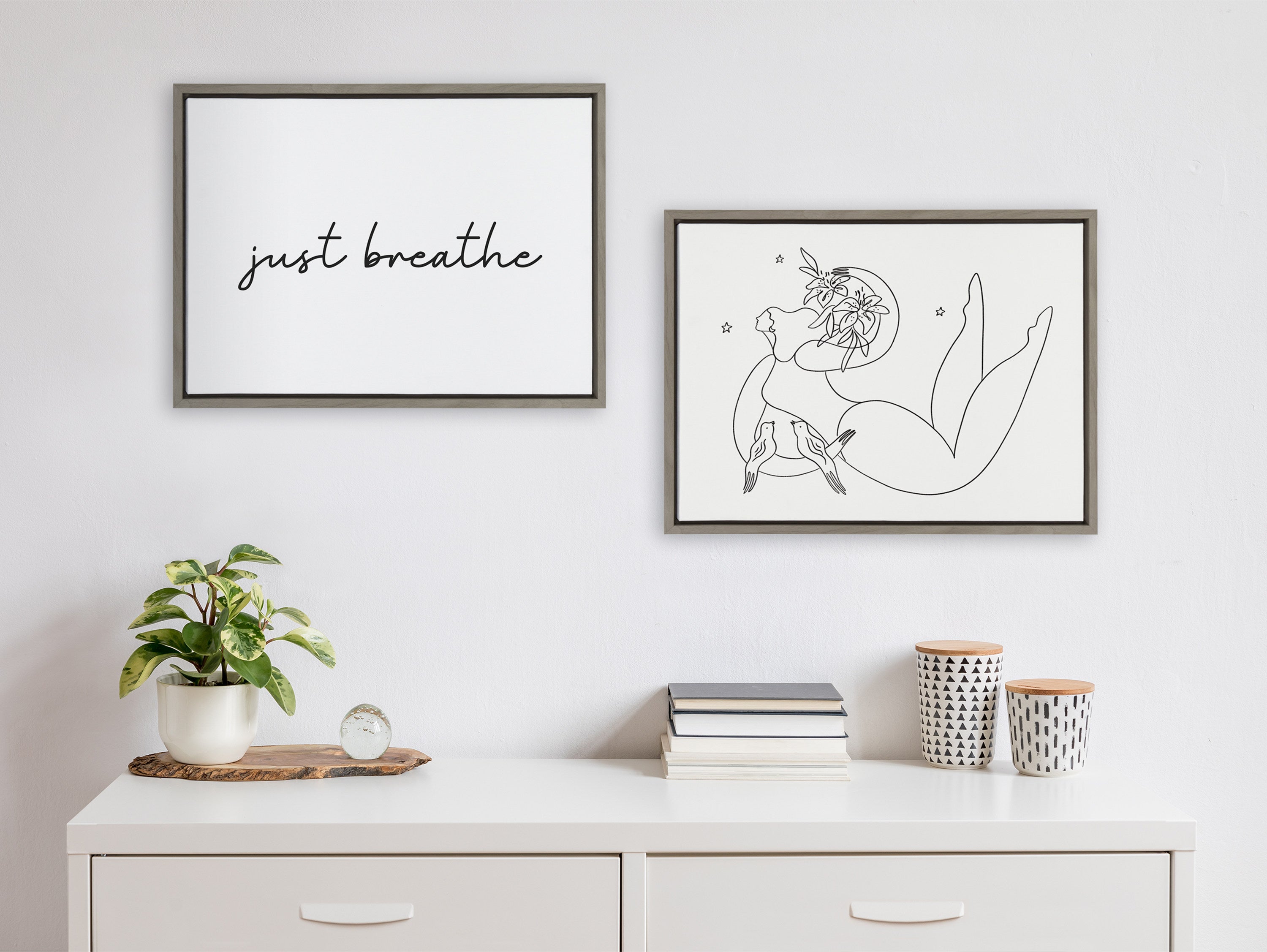 Sylvie Just Breathe Horizontal BW Framed Canvas by The Creative Bunch Studio