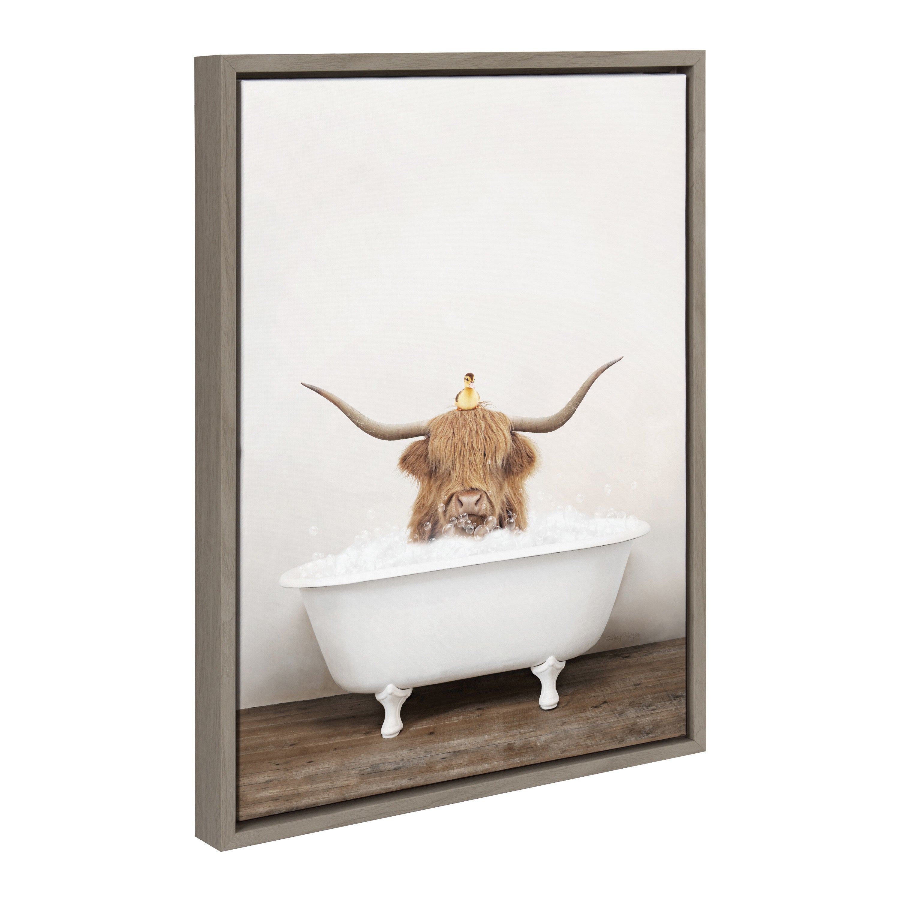 Sylvie Highland Cow and Duckling in Rustic Bath Framed Canvas by Amy Peterson Art Studio