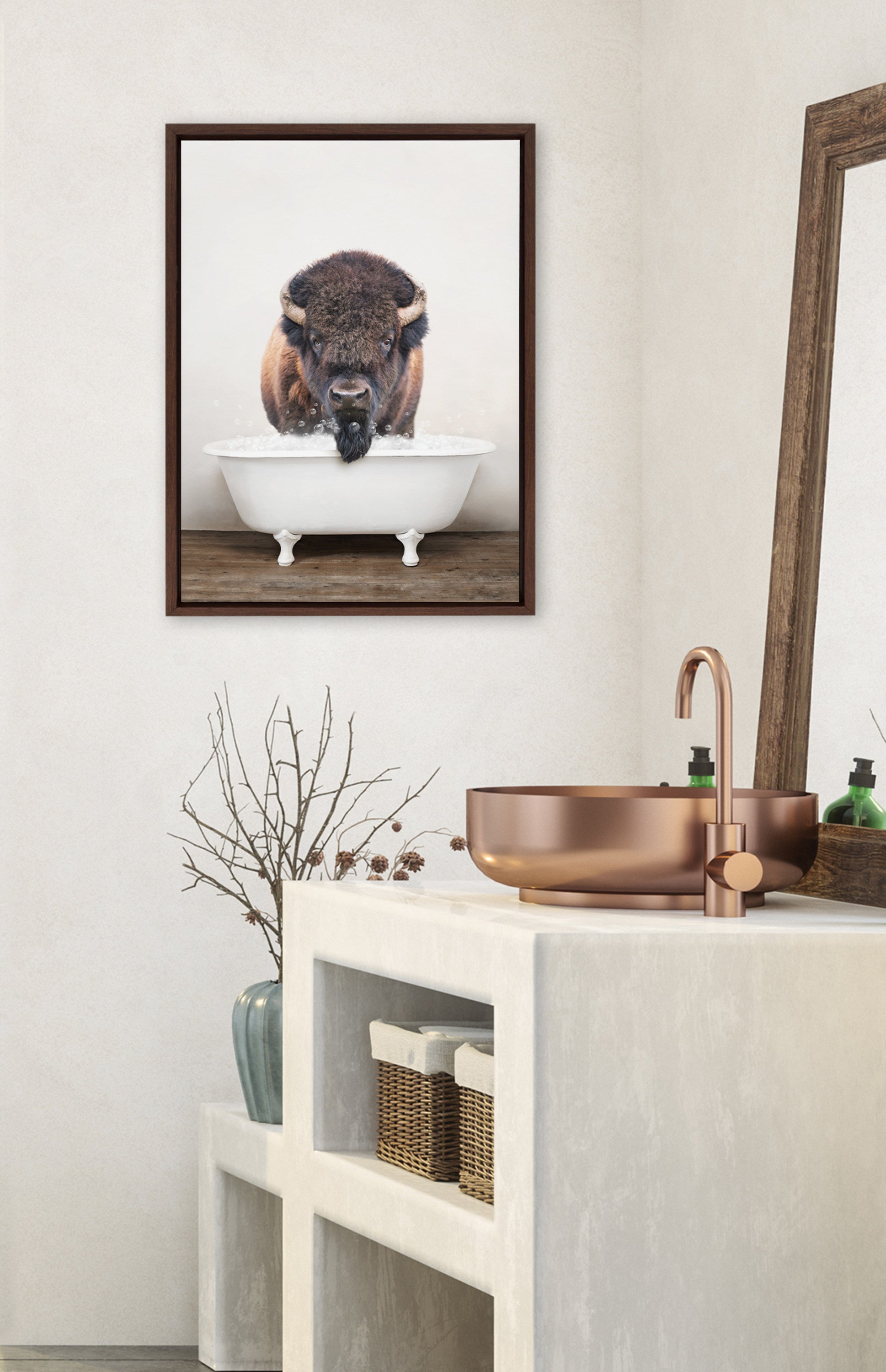 Sylvie Bison Rustic Bubble Bath Framed Canvas by Amy Peterson Art Studio
