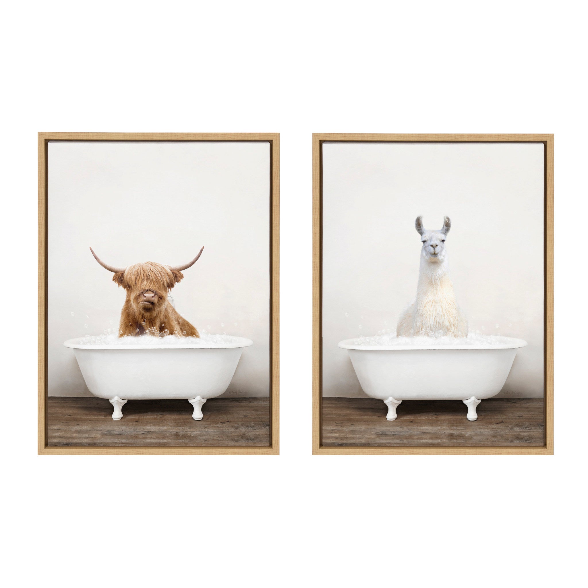 Sylvie Highland Cow Rustic Bubble Bath and Llama Rustic Bubble Bath Framed Canvas by Amy Peterson Art Studio