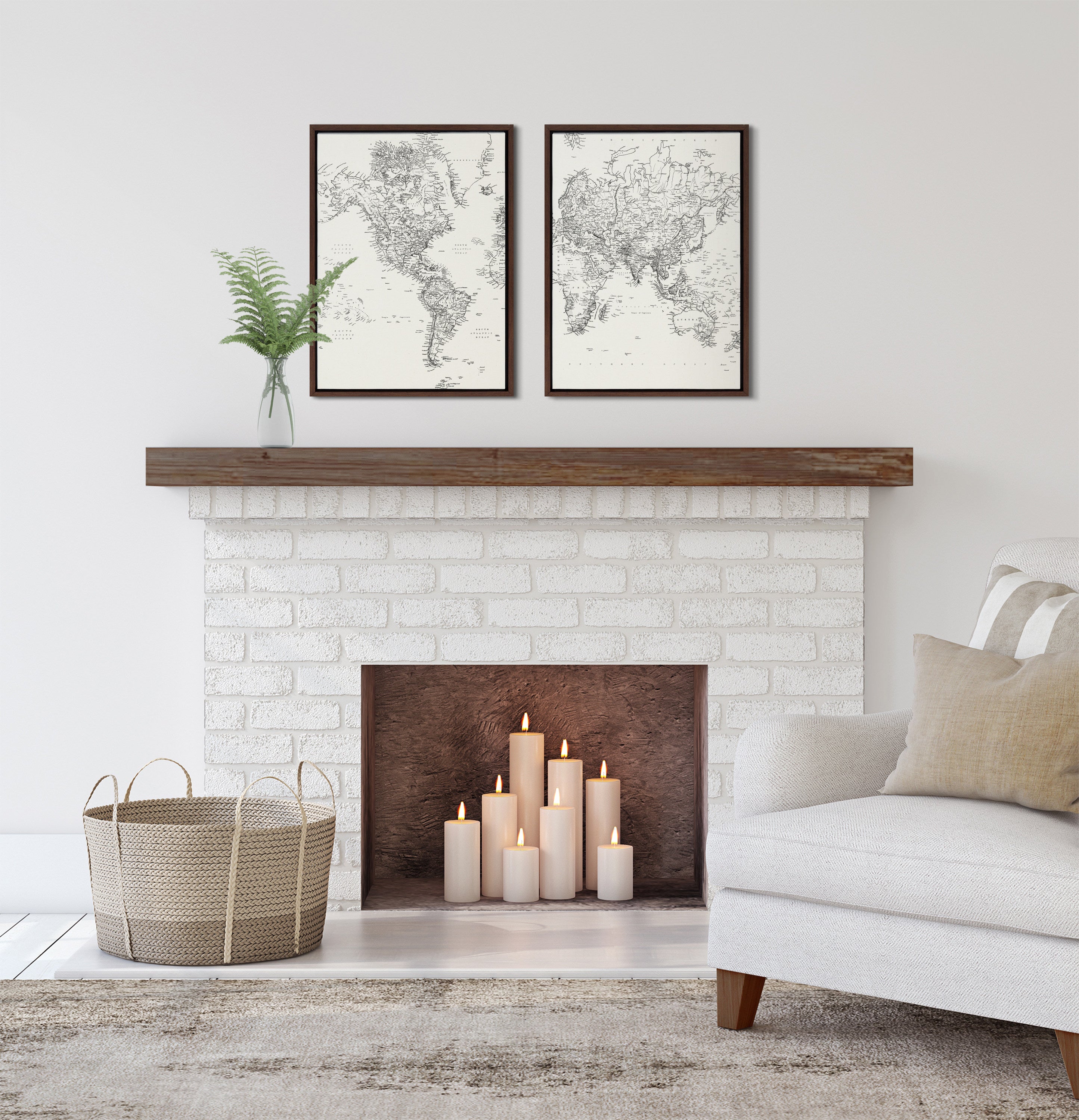 Sylvie Vintage Black and White World Map Framed Canvas Set by The Creative Bunch Studio