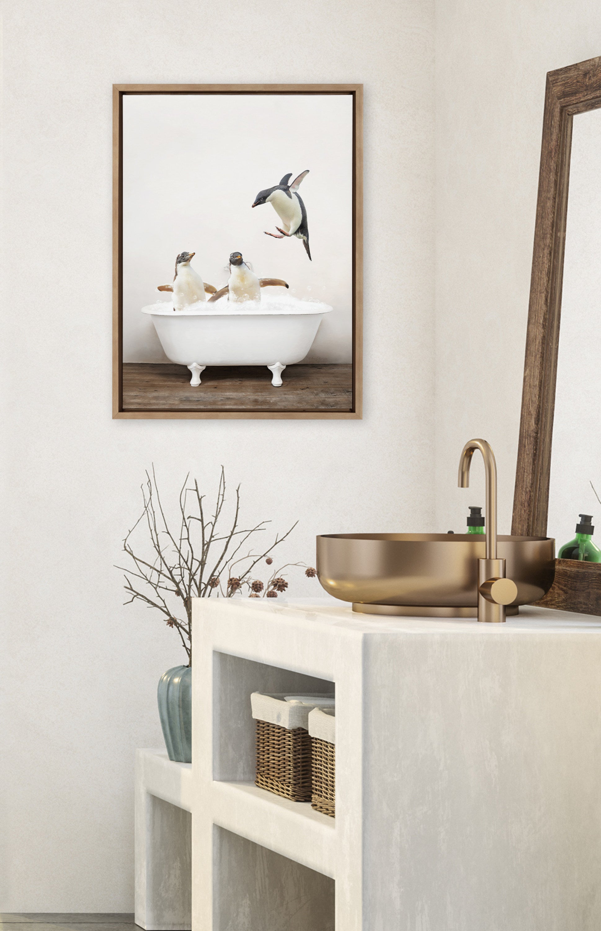 Sylvie Penguins Playing in Rustic Bath Framed Canvas by Amy Peterson Art Studio