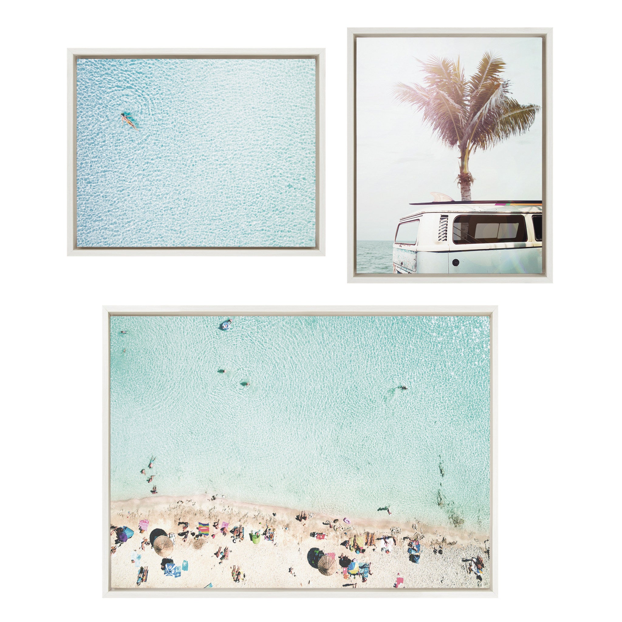 Sylvie Turquoise Beach from Above 2, Blue Beach Van and Woman Floating Framed Canvas by Amy Peterson Art Studio