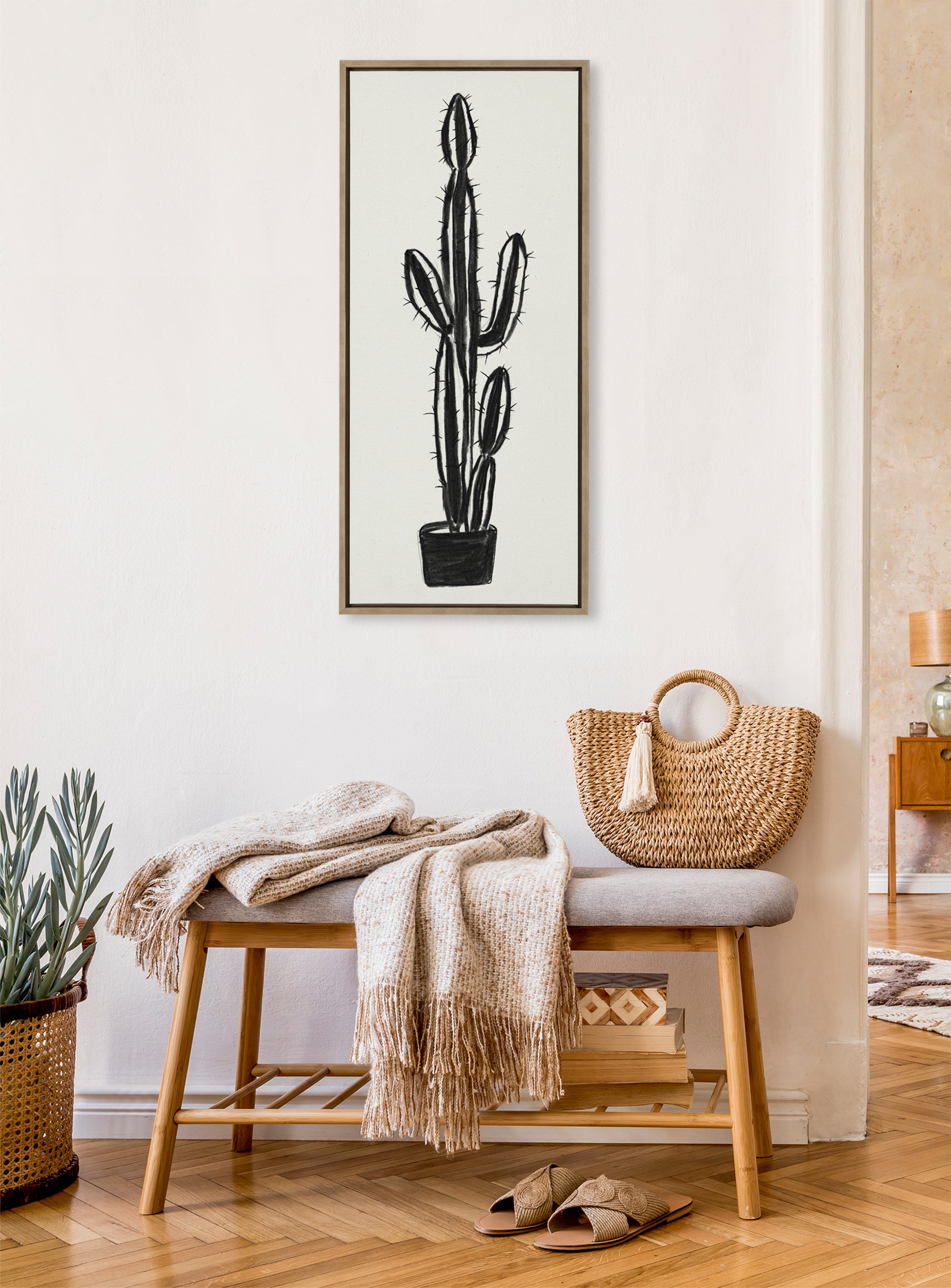 Sylvie 664 Cactus In Pot BW Framed Canvas by Teju Reval of SnazzyHues
