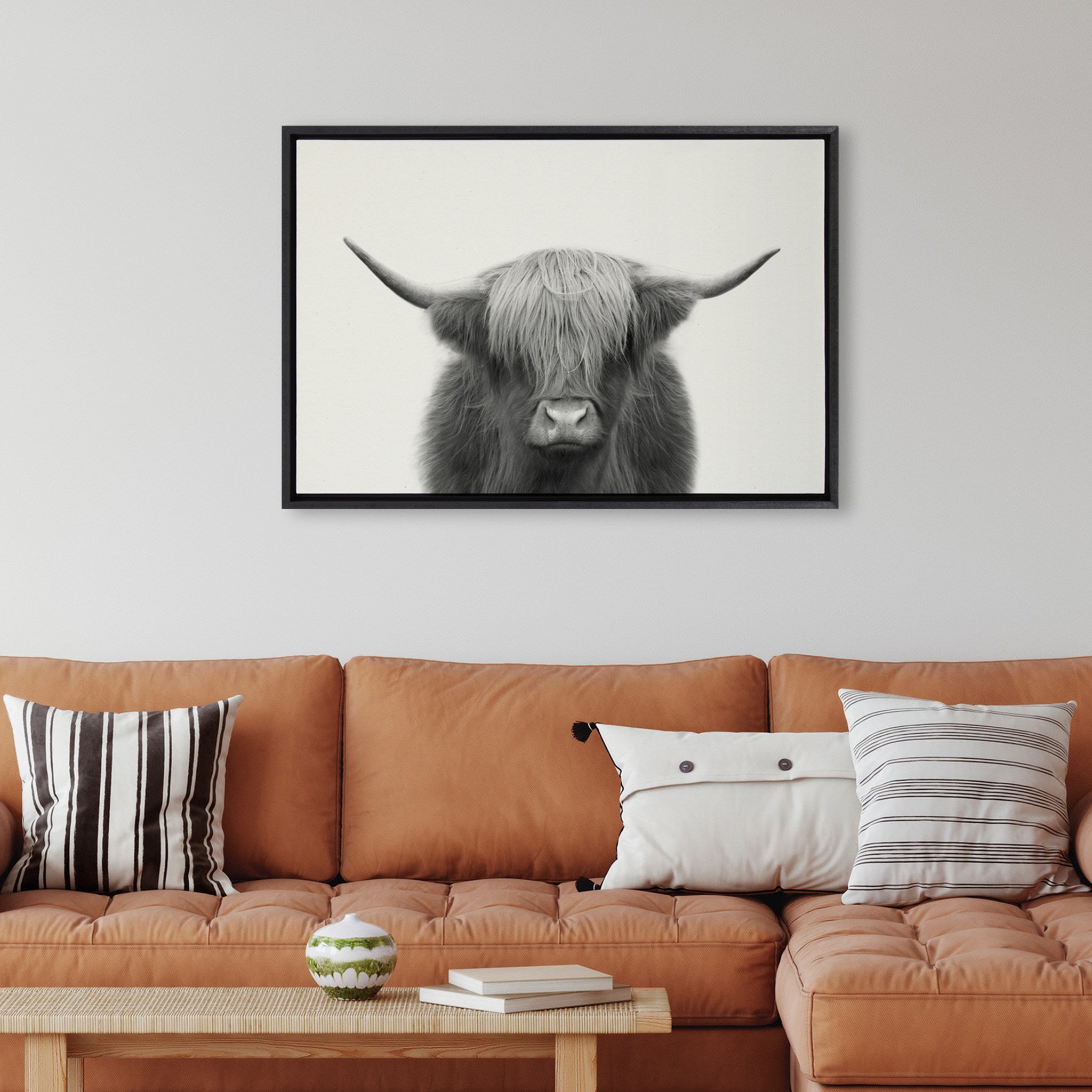Sylvie Hey Dude Highland Cow Framed Linen Canvas by The Creative Bunch Studio
