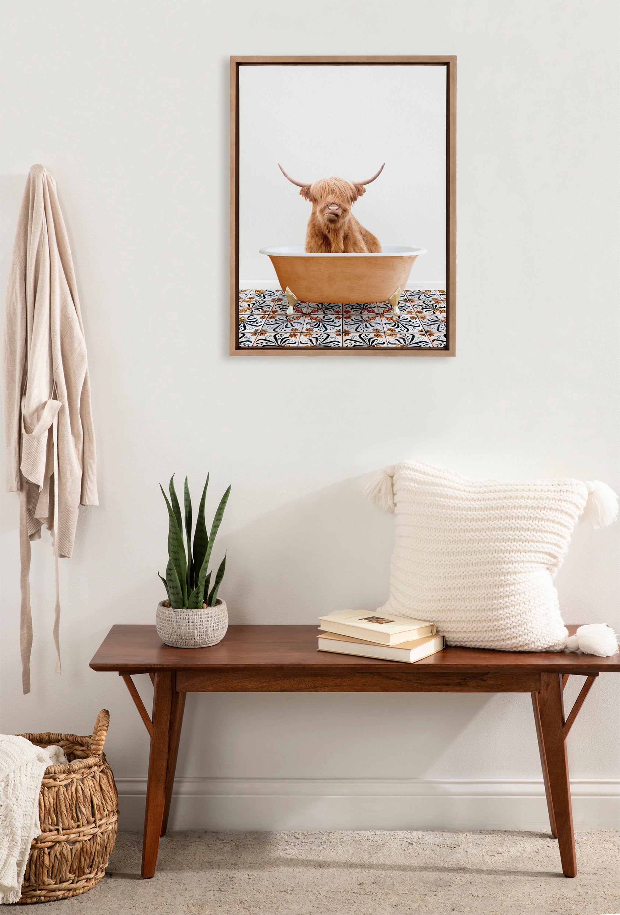 Sylvie Highland Cow In Mediterranean Bath Framed Canvas by Amy Peterson Art Studio