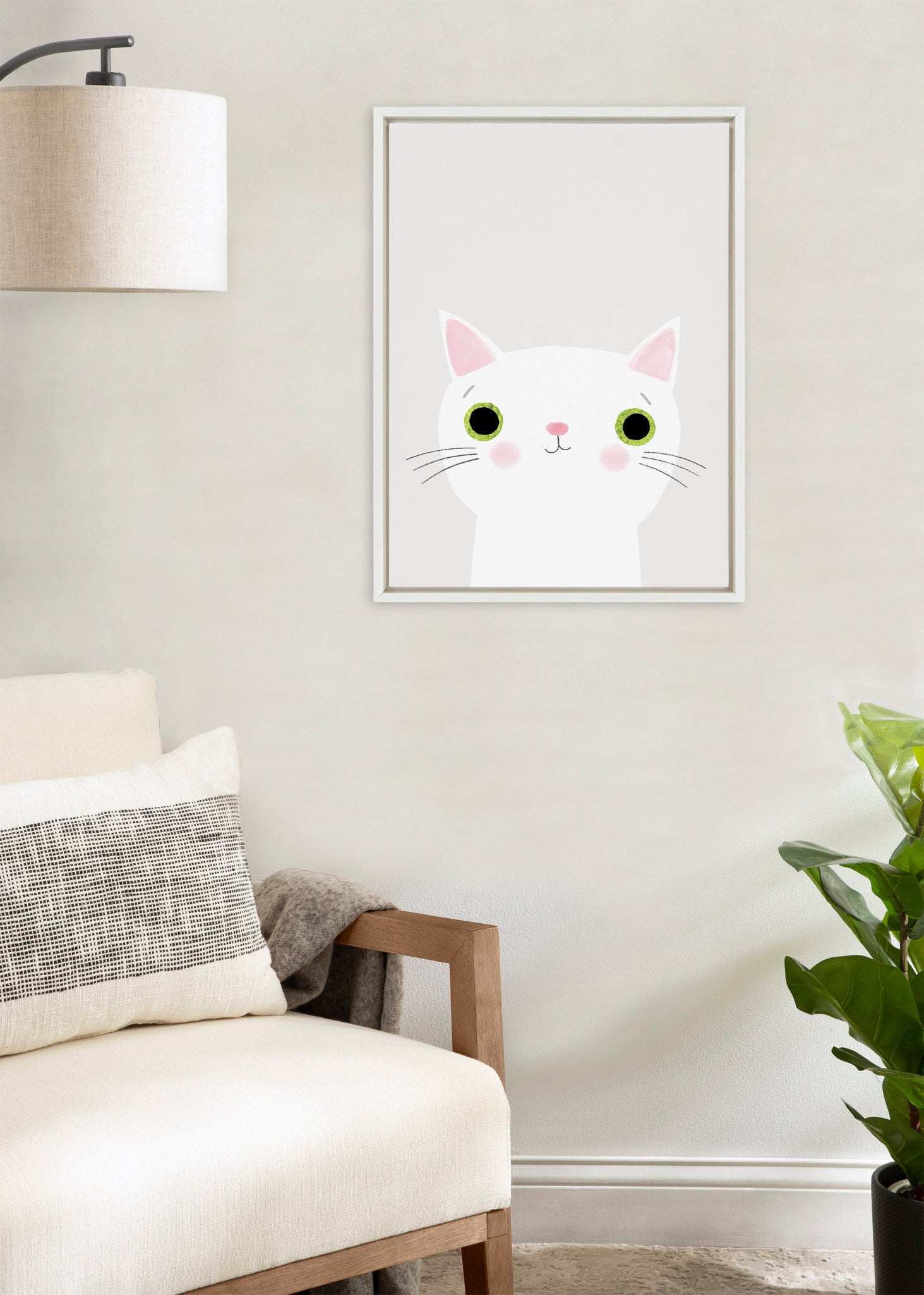 Sylvie White Cat with Green Eyes Framed Canvas by Planet Cat