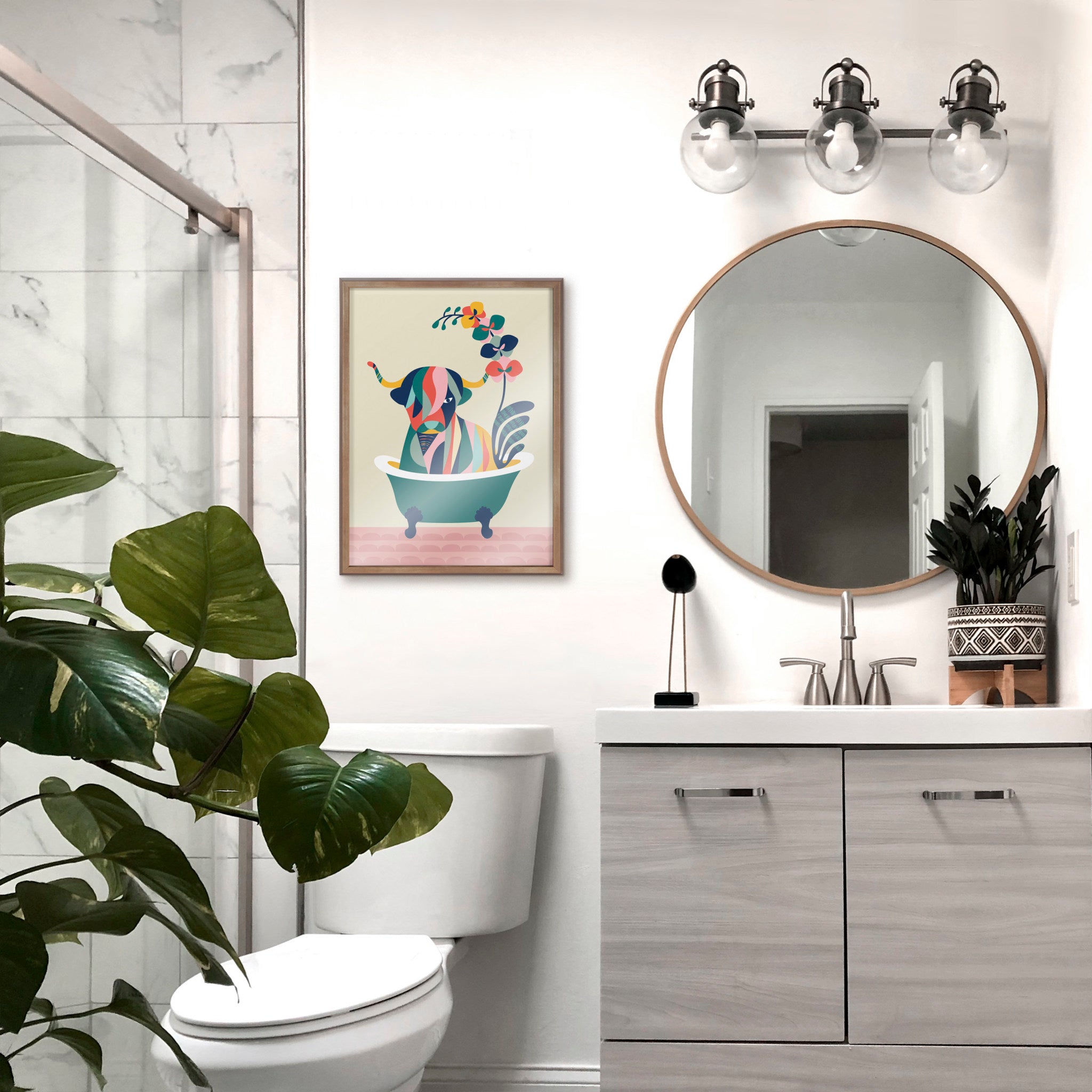 Blake Mid Century Modern Cow in Bathtub Framed Printed Glass by Rachel Lee of My Dream Wall