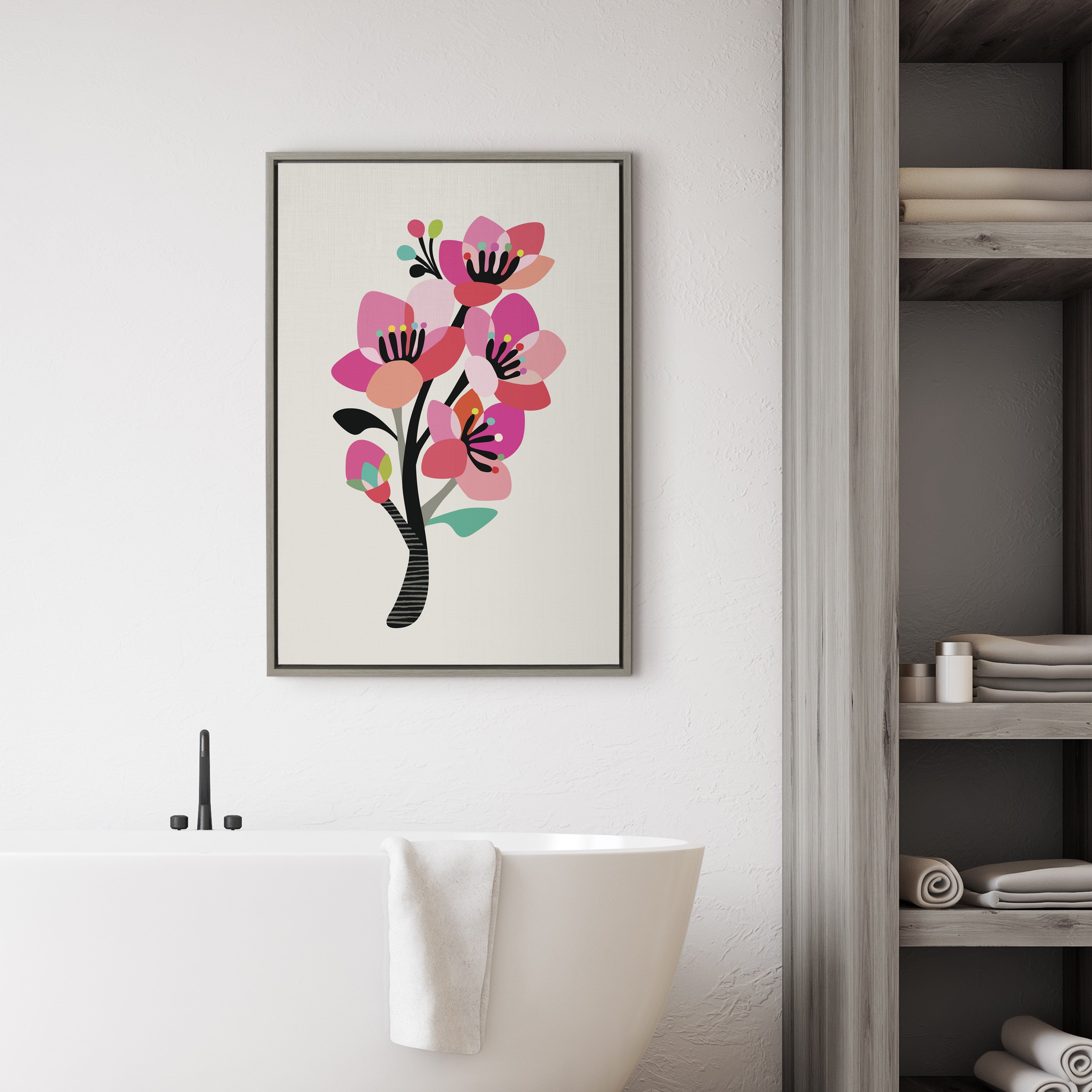 Sylvie Mid Century Modern Cherry Blossoms Framed Canvas by Rachel Lee of My Dream Wall