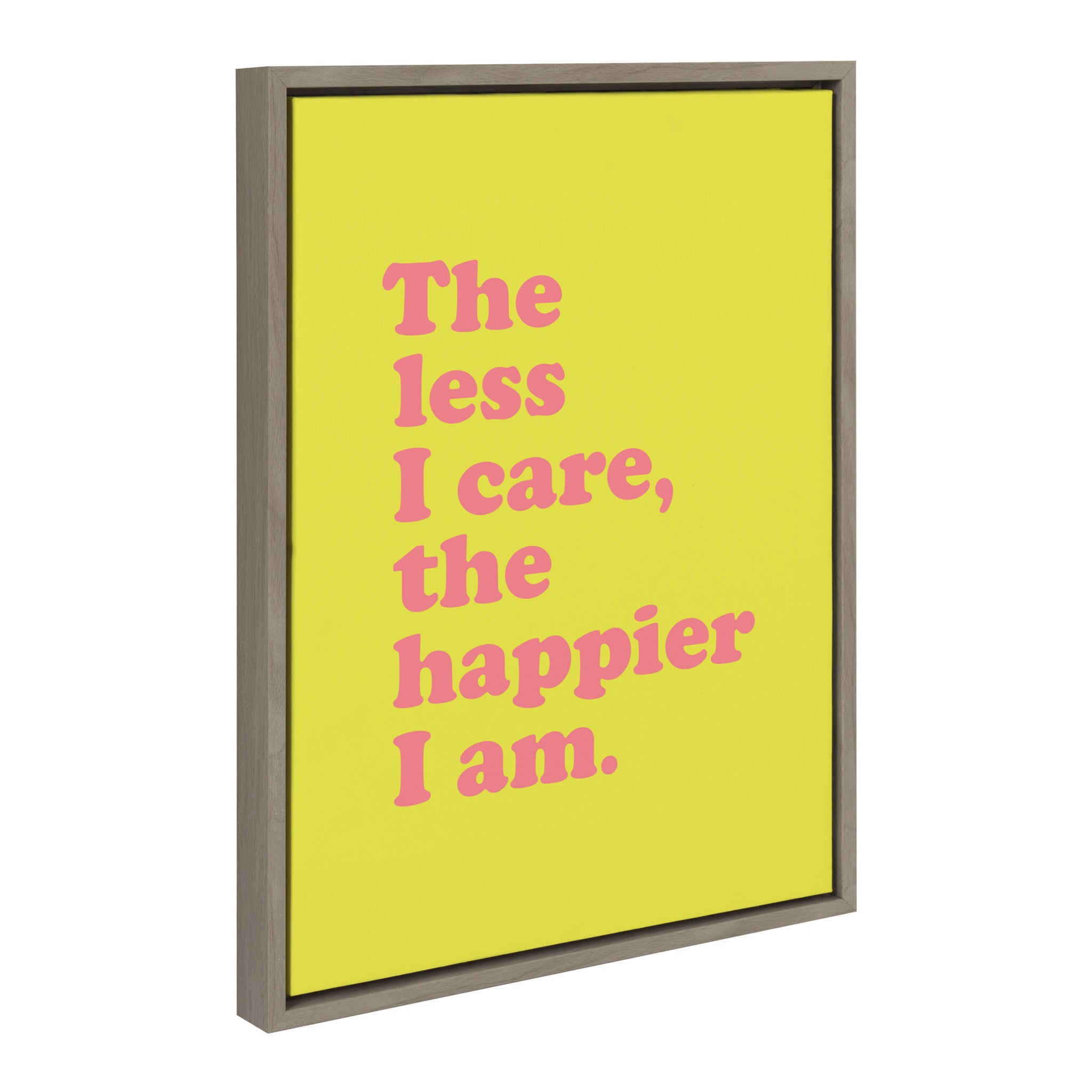 Sylvie Less I Care Happier I am in Yellow and Pink Framed Canvas by Apricot and Birch