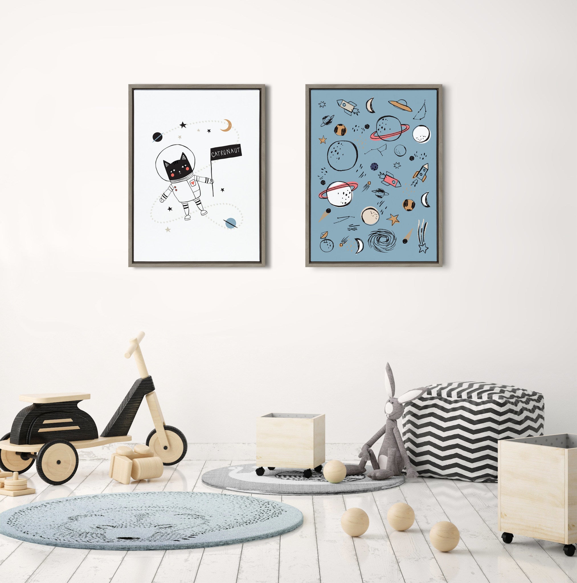 Sylvie Sketched Space Stars Moon Framed Canvas by The Creative Bunch Studio