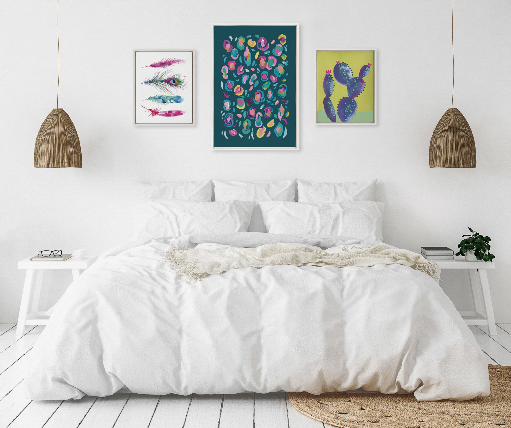 Sylvie Leopard 3, Feather Four and 800 Folk Cactus v2 Framed Canvas by Jessi Raulet of Ettavee