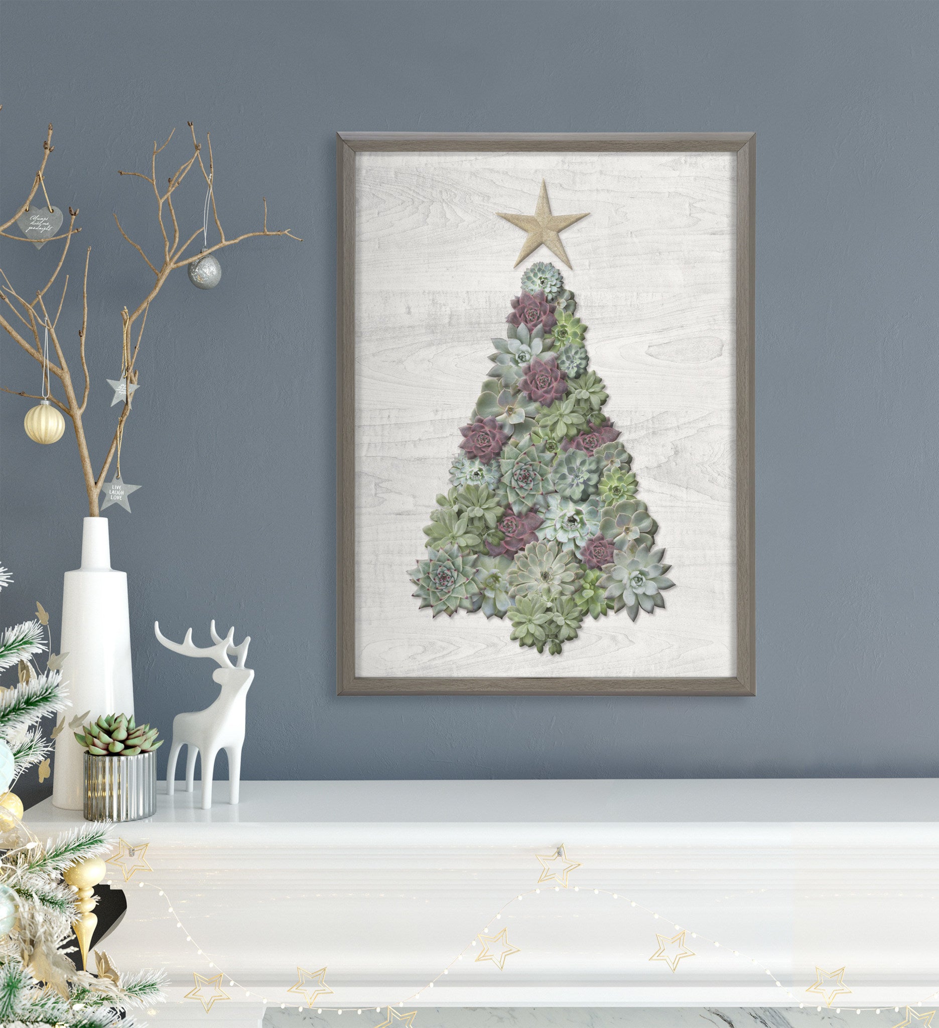 Blake Holiday Succulent Tree Framed Printed Wood by The Creative Bunch Studio