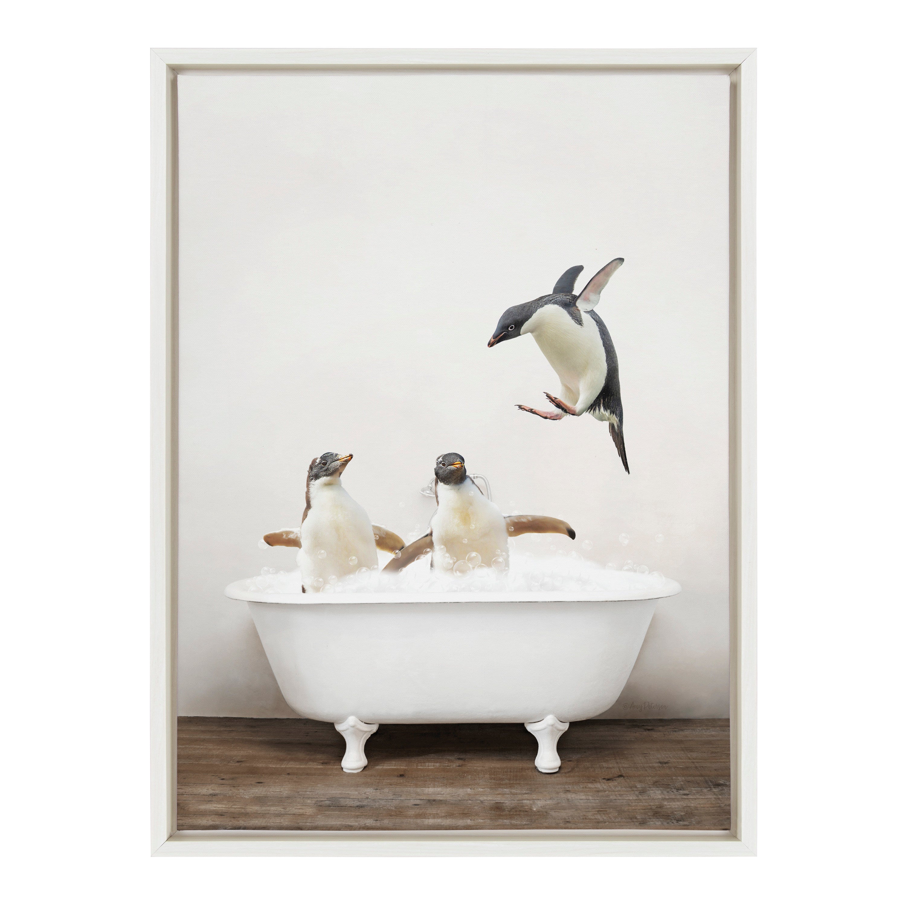 Sylvie Penguins Playing in Rustic Bath Framed Canvas by Amy Peterson Art Studio