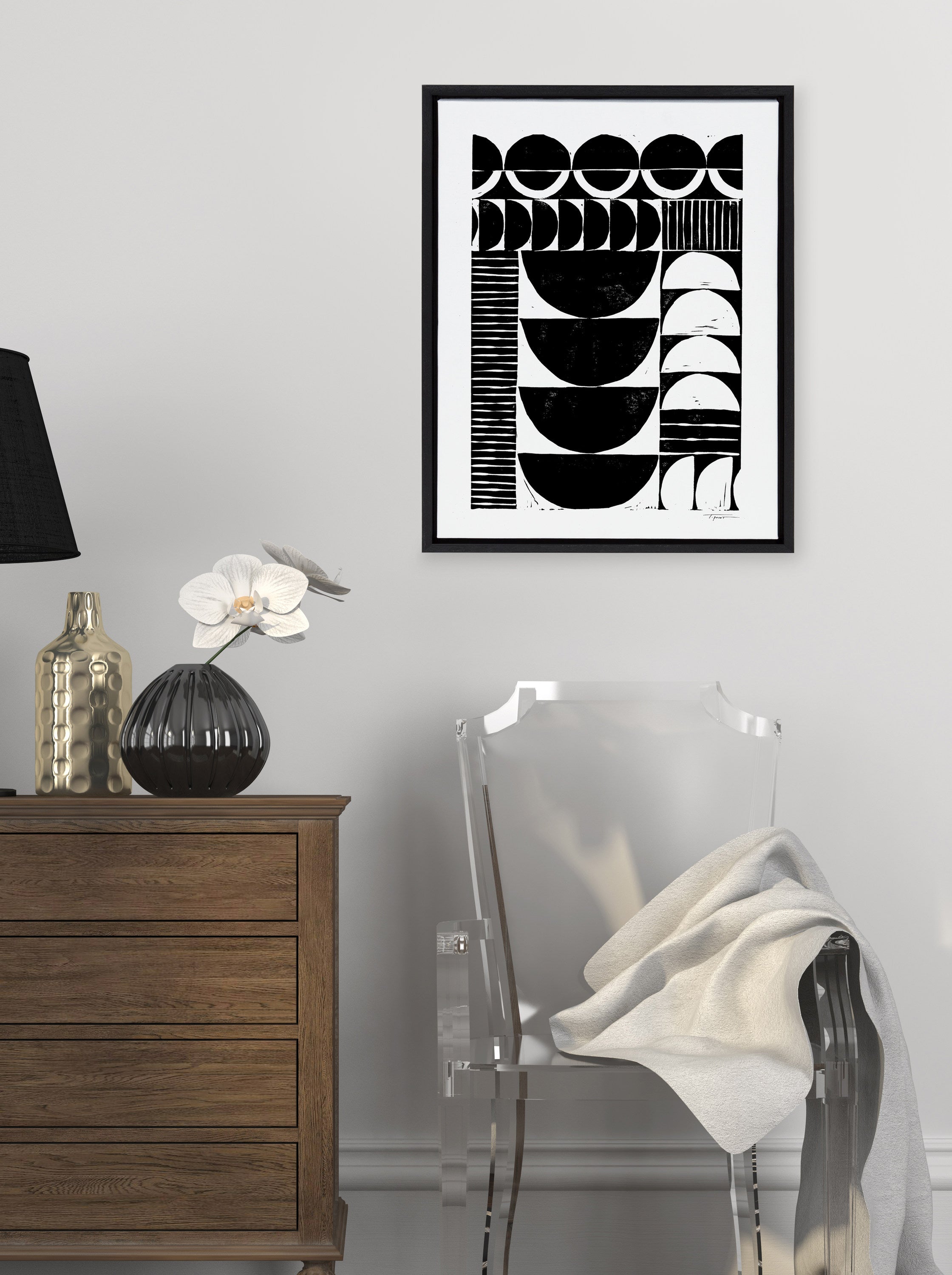 Sylvie Modern Circular Block Print Framed Canvas by Statement Goods