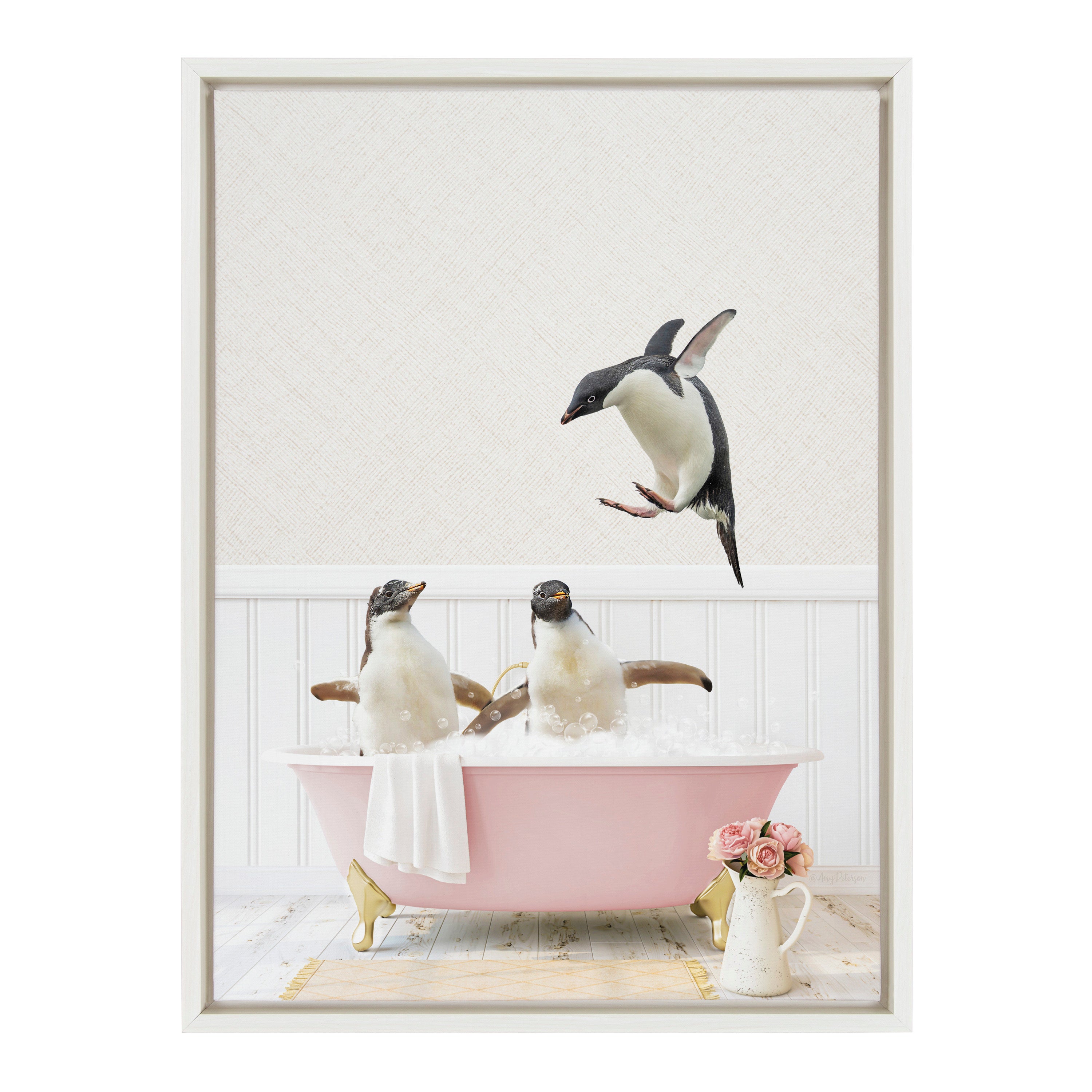 Sylvie Penguins Playing in Cottage Rose Bath Framed Canvas by Amy Peterson Art Studio