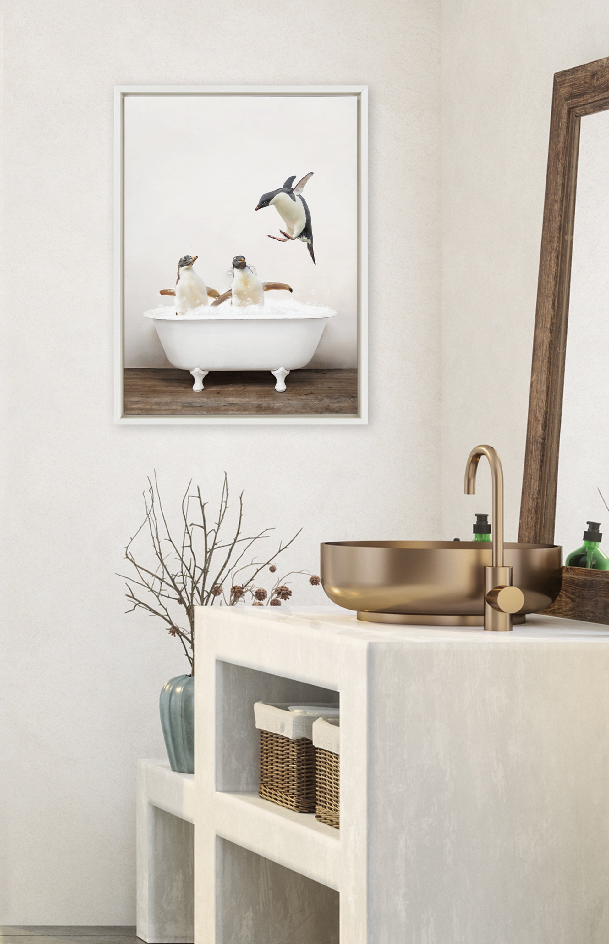 Sylvie Penguins Playing in Rustic Bath Framed Canvas by Amy Peterson Art Studio