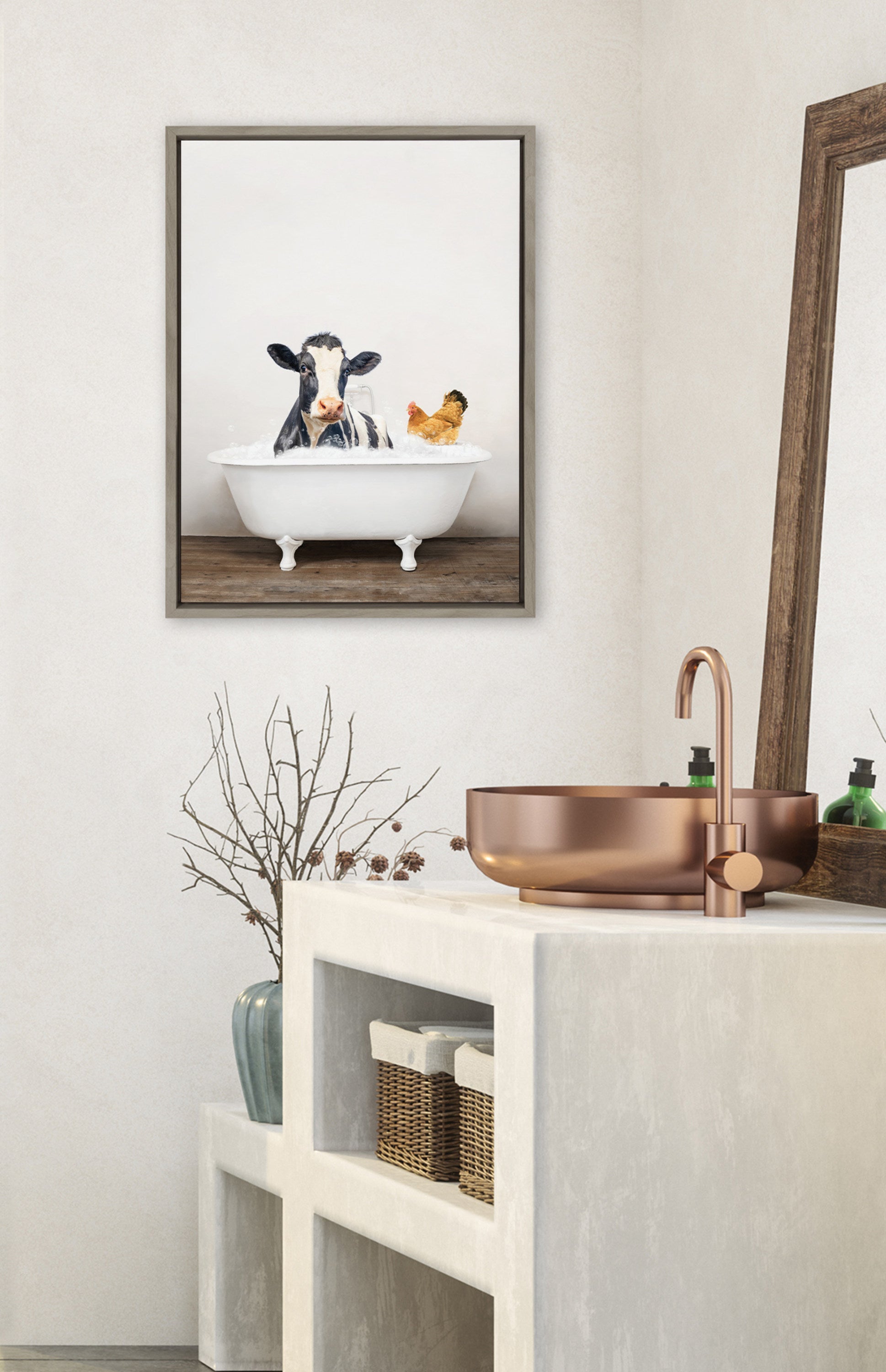 Sylvie Cow and Chicken in Rustic Bath Framed Canvas by Amy Peterson Art Studio