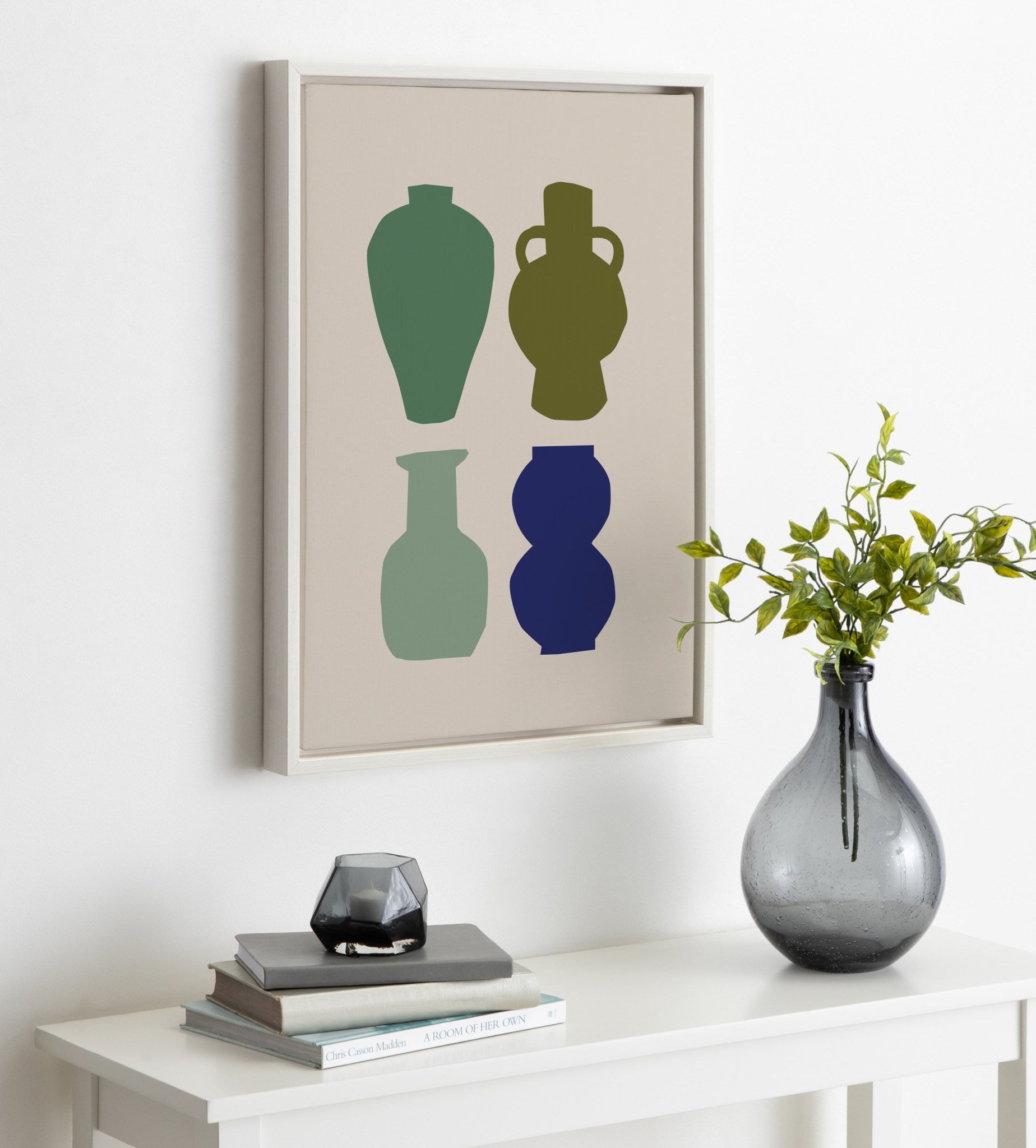 Sylvie Colorful Retro Vases Green and Blue Framed Canvas by The Creative Bunch Studio