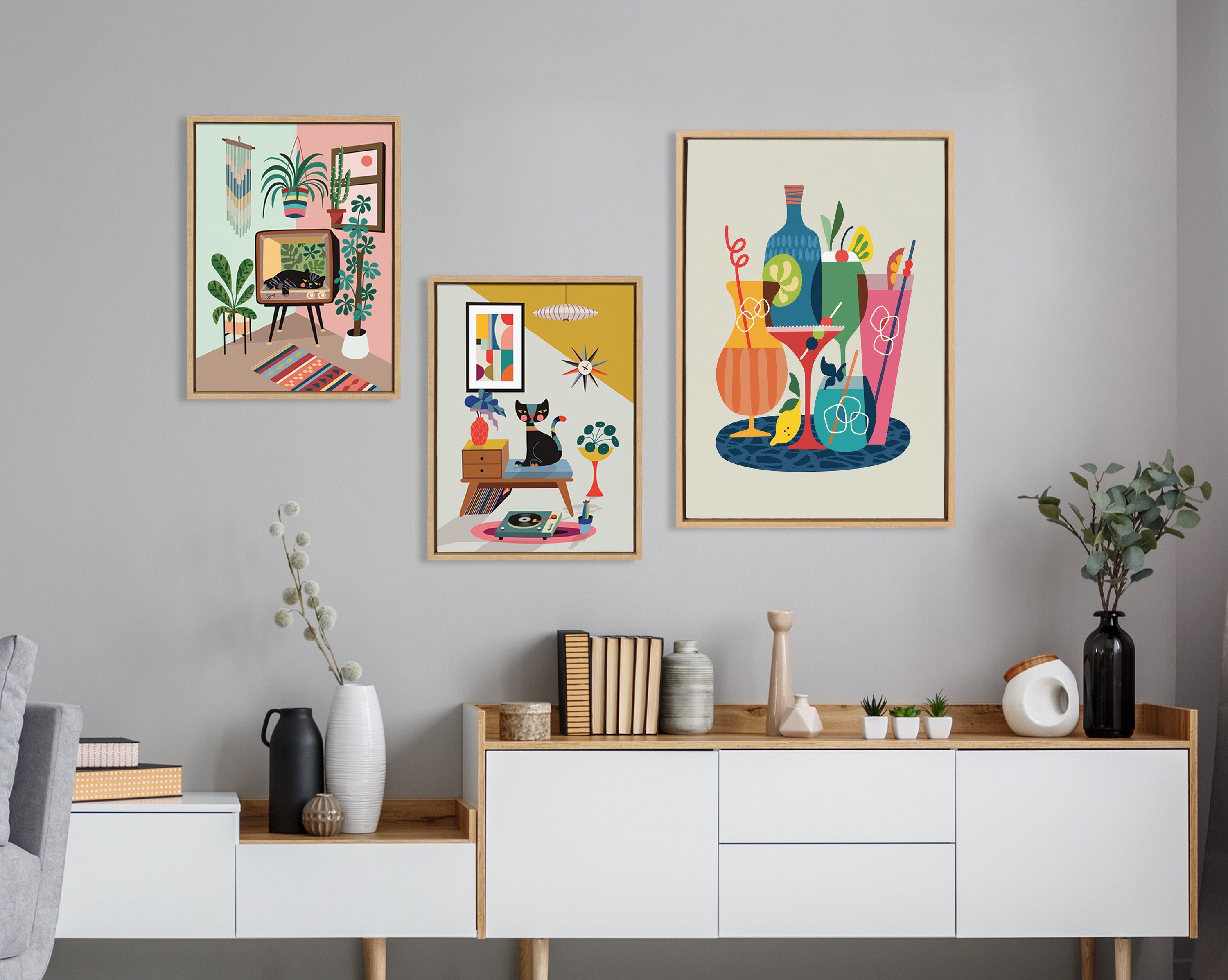 Sylvie Mid Century Modern Cocktails Framed Canvas by Rachel Lee of My Dream Wall