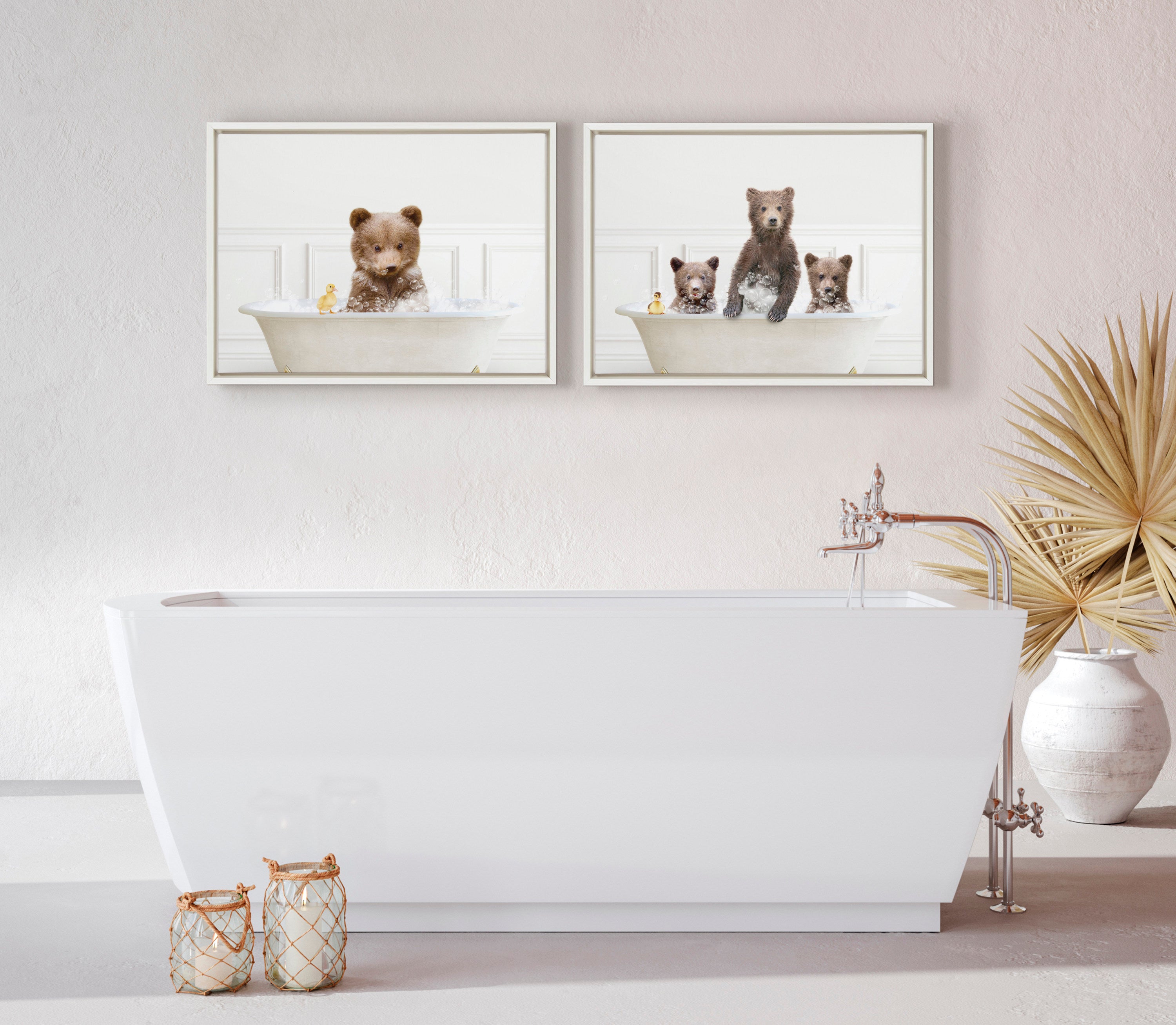 Sylvie Bear Cub In Bubble Bath Neutral Style Framed Canvas by Amy Peterson Art Studio