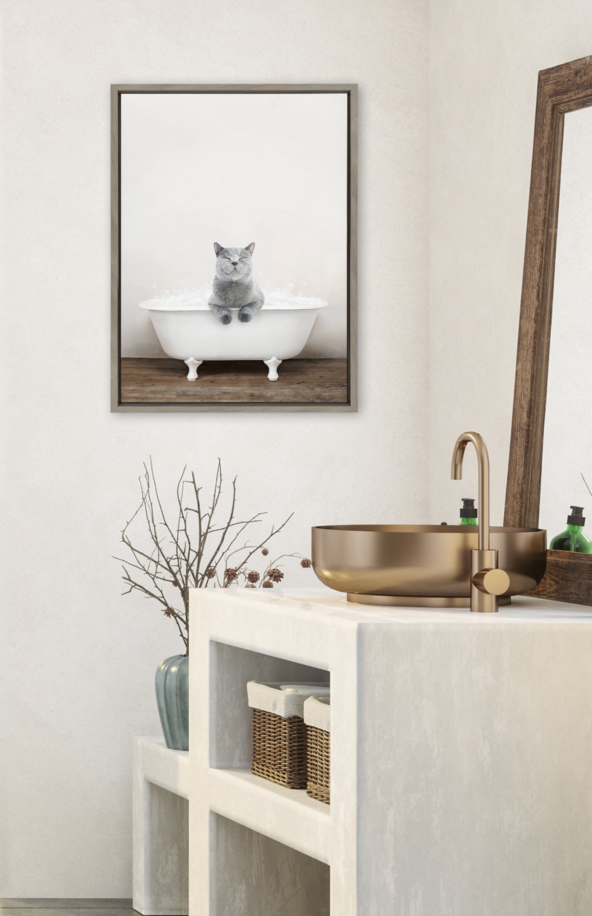 Sylvie Cat in Rustic Bath Framed Canvas by Amy Peterson Art Studio
